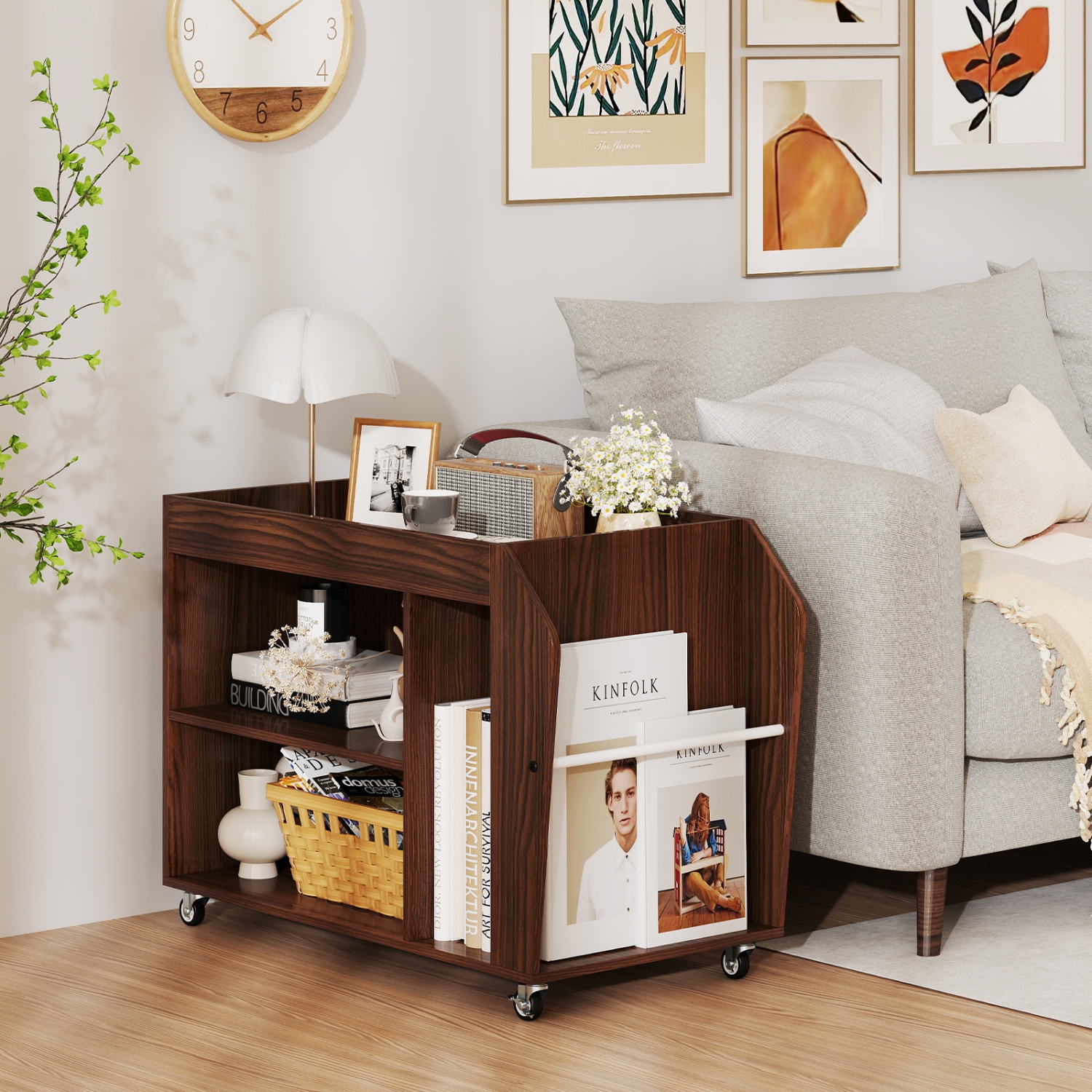 3-Tier Side End Table with Universal Wheels for Living Room or Bedroom Storage
