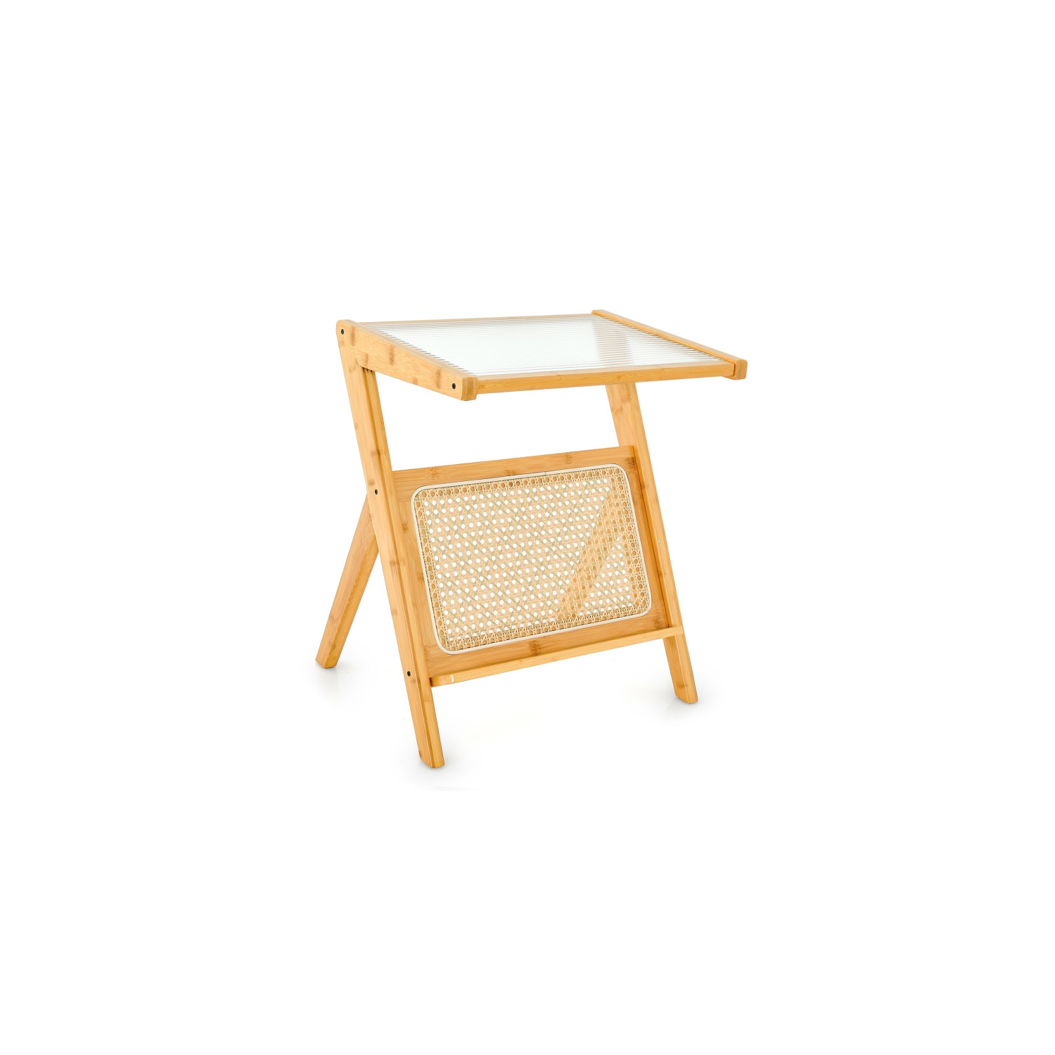 Table de bout avec porte-revues et dessus en verre trempé pour le salon