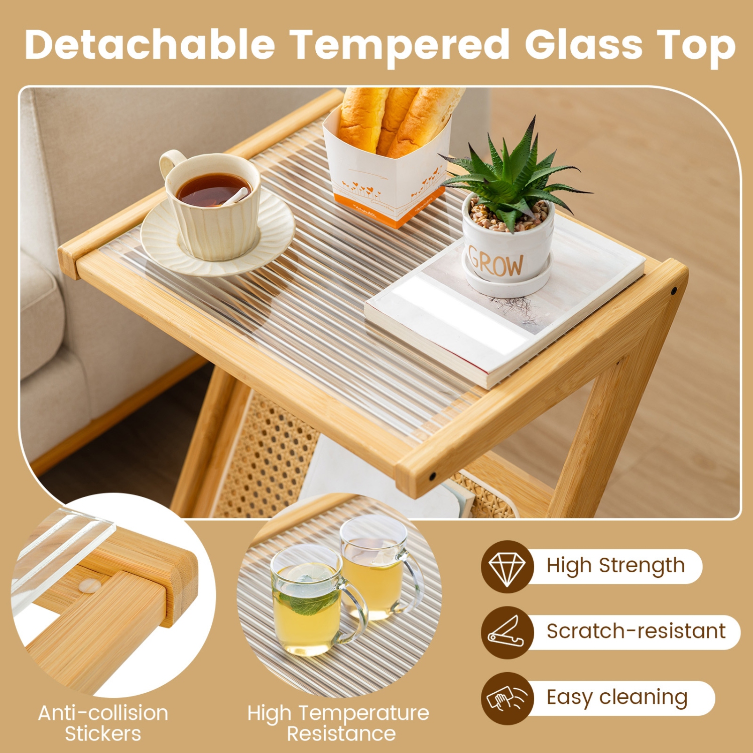 Table de bout avec porte-revues et dessus en verre trempé pour le salon