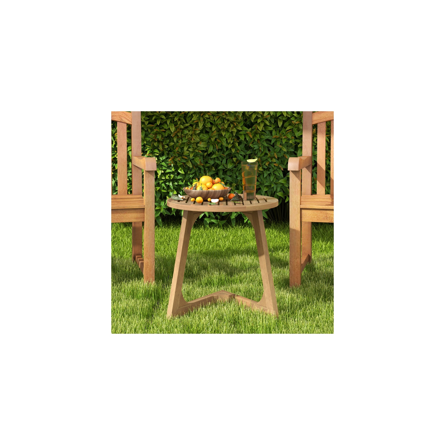 Table d'appoint ronde compacte en teck avec surface à lattes pour une utilisation à l'intérieur ou à l'extérieur