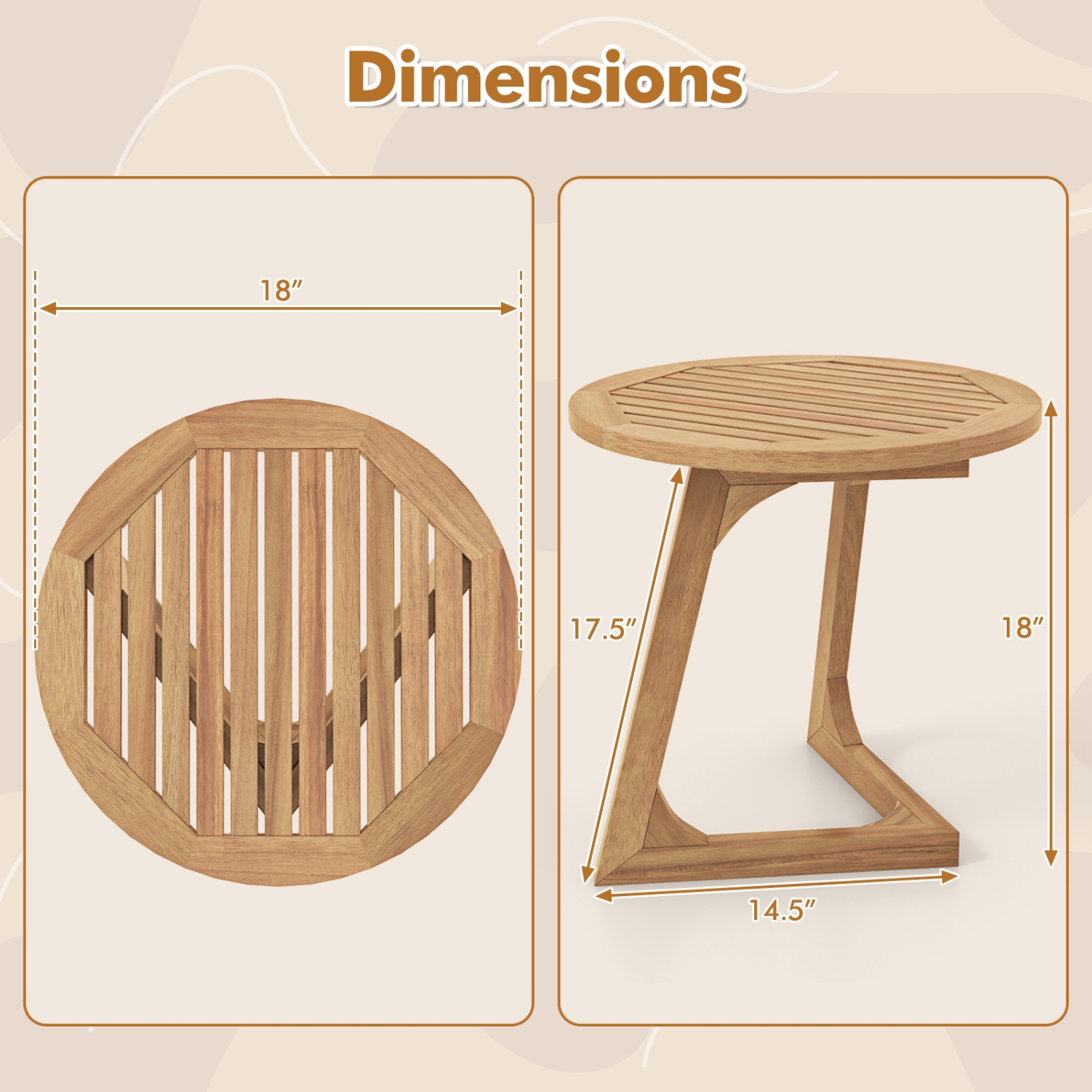Table d'appoint ronde compacte en teck avec surface à lattes pour une utilisation à l'intérieur ou à l'extérieur