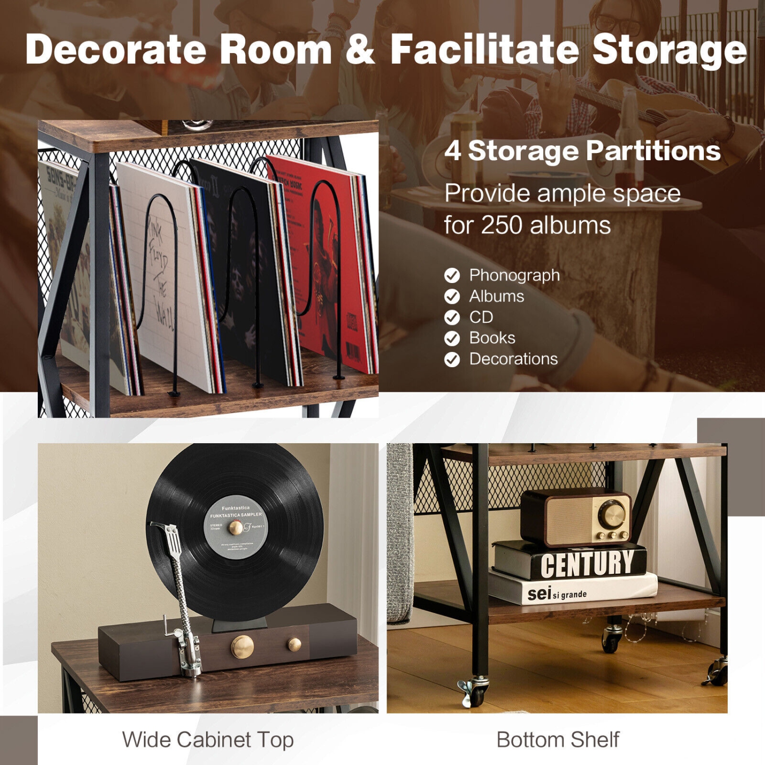 Table d'appoint à 3 niveaux de style rétro avec 3 séparateurs pour rangement d'album