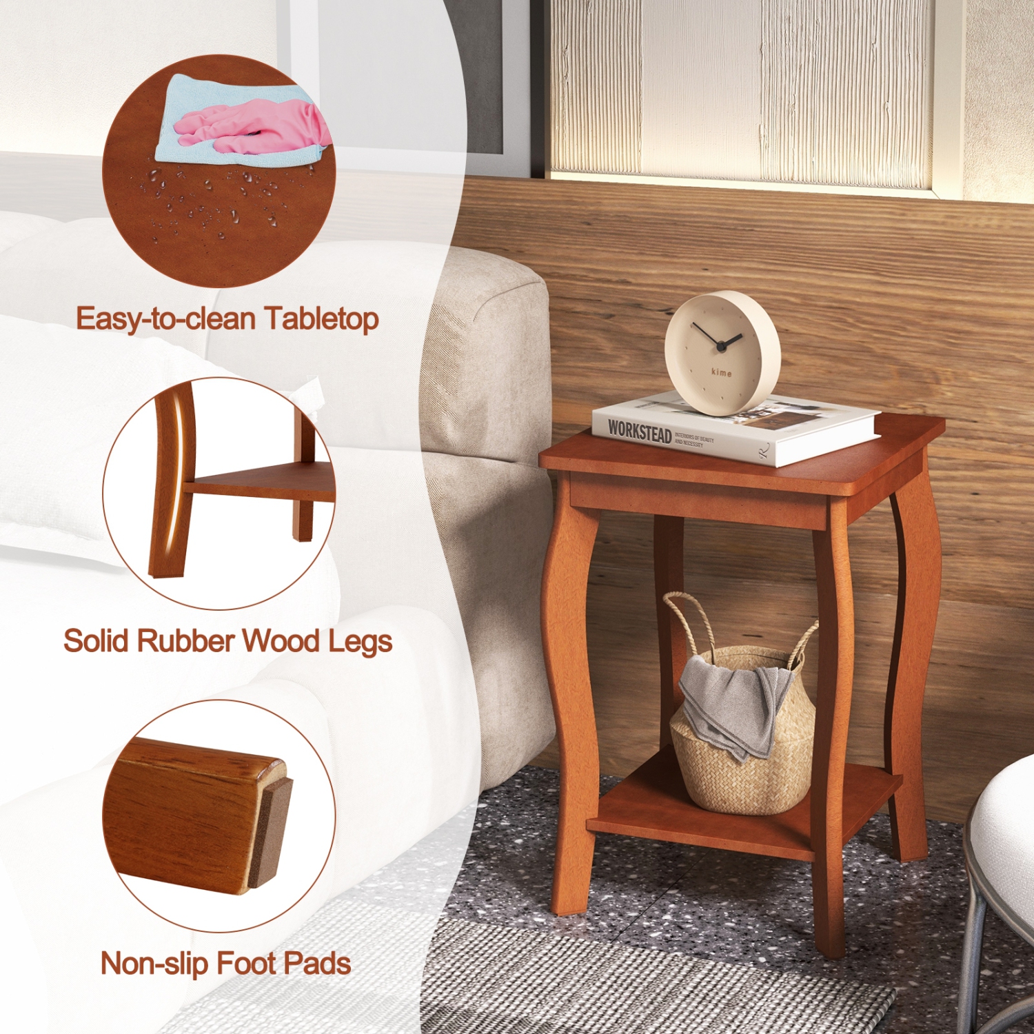 Ensemble de 2 tables de bout carrées à 2 niveaux et tablette de rangement pour le salon