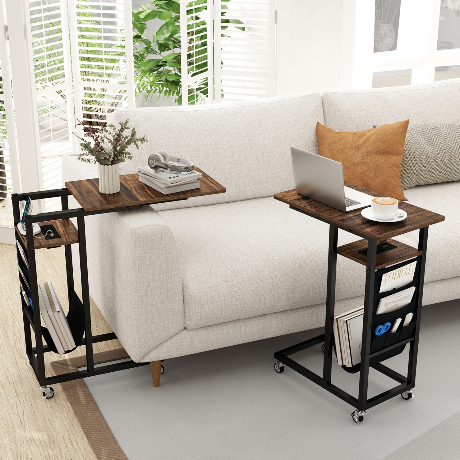 C-Shaped End Table with Charging Station and Retractable Top for Living Room