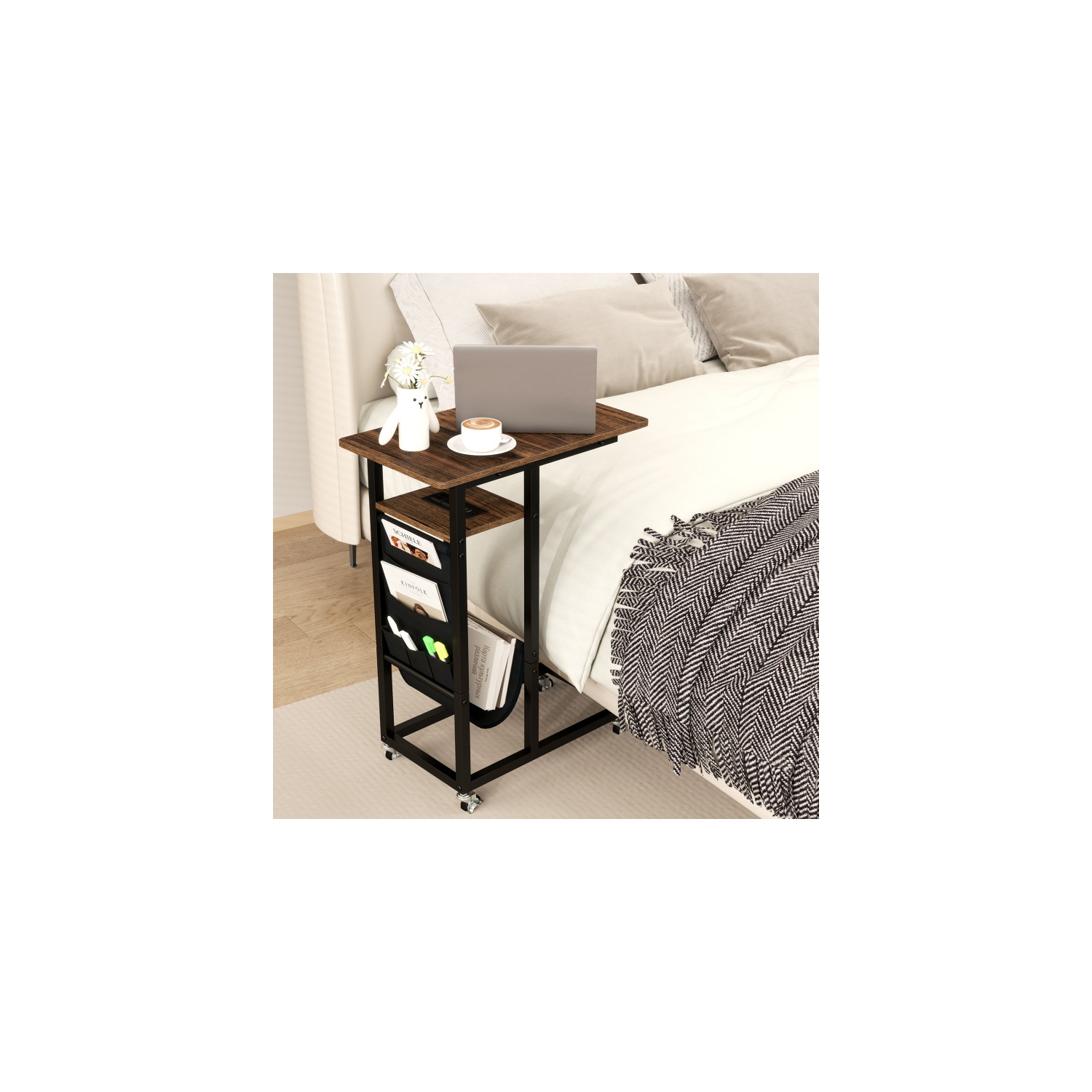 C-Shaped End Table with Charging Station and Retractable Top for Living Room