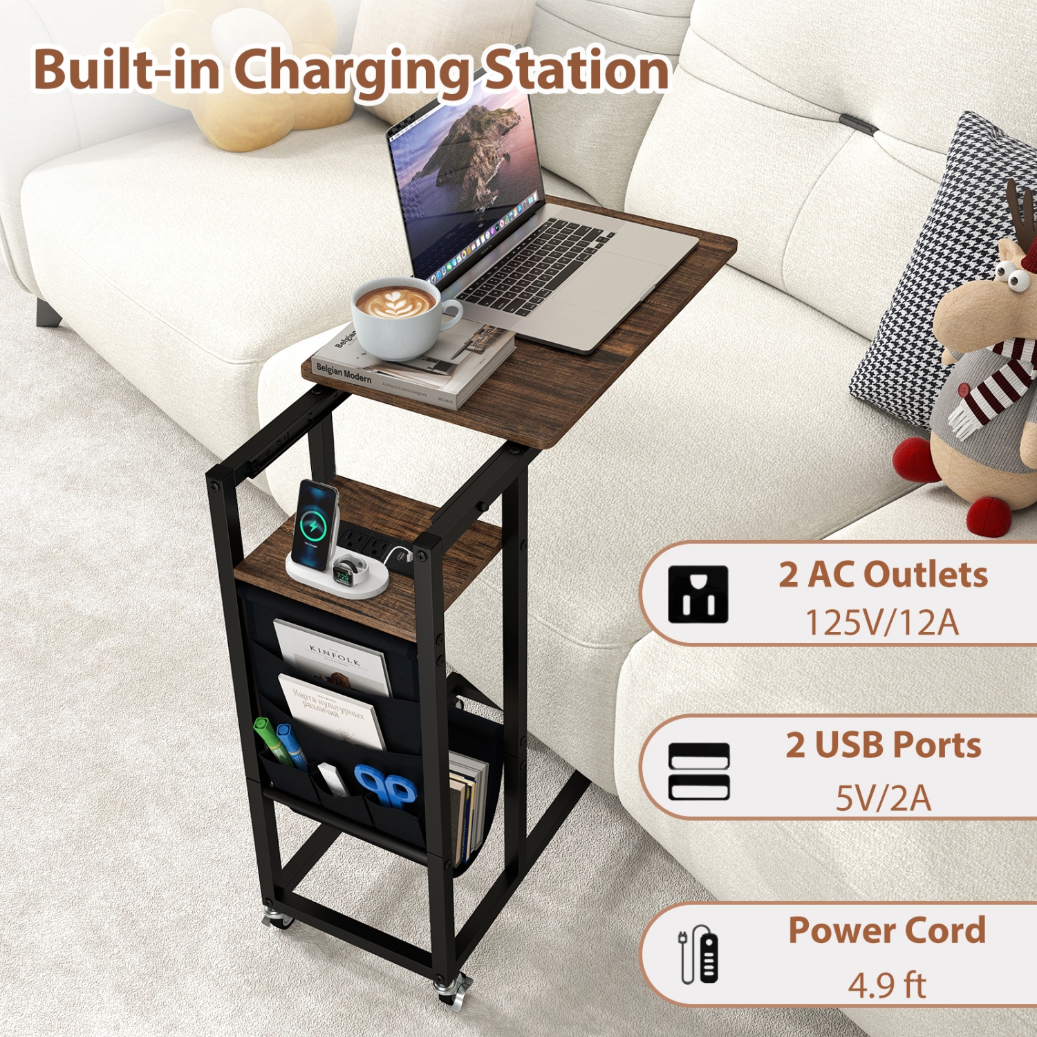 C-Shaped End Table with Charging Station and Retractable Top for Living Room