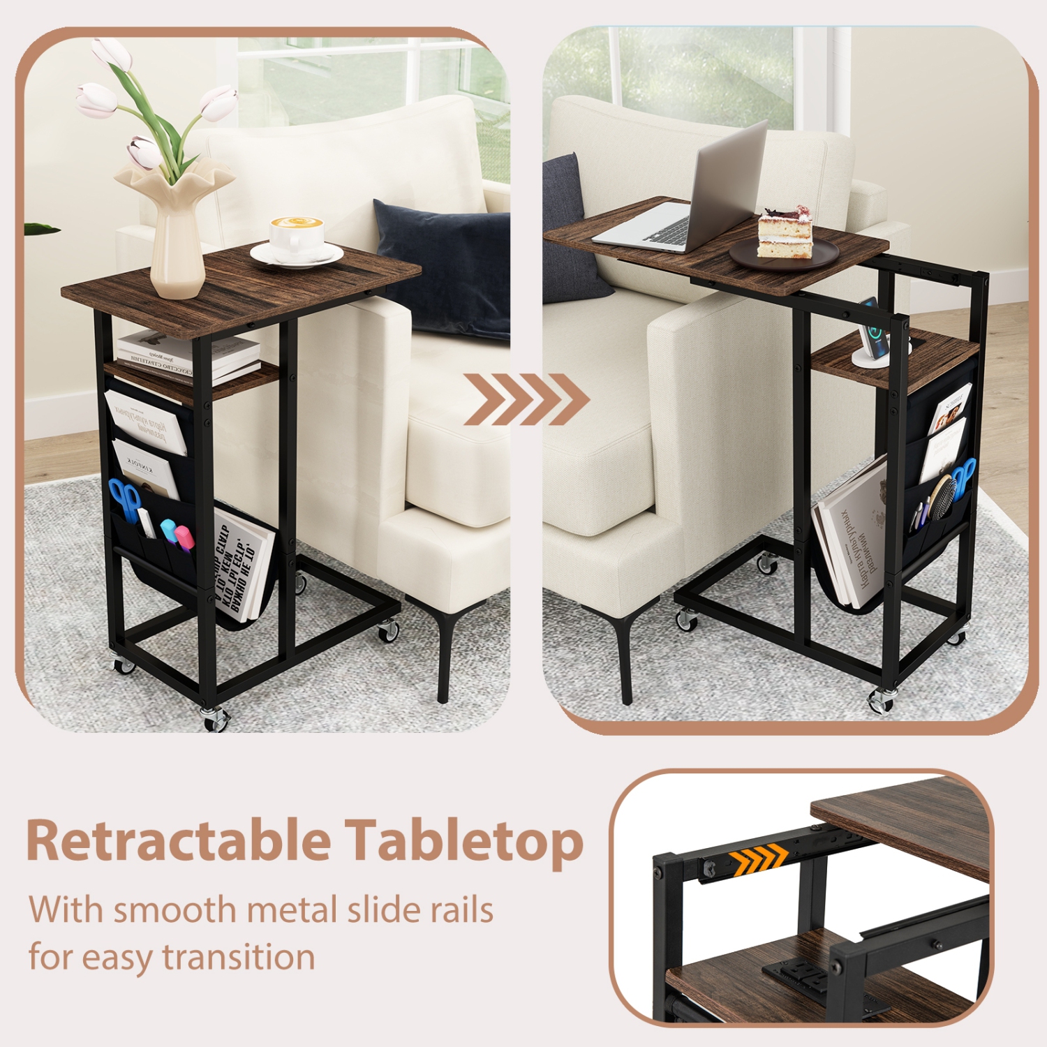 C-Shaped End Table with Charging Station and Retractable Top for Living Room