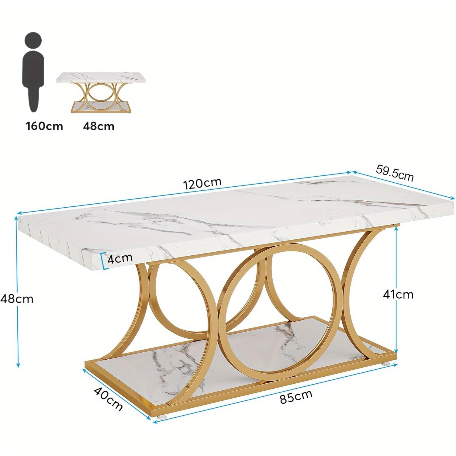 Lantine – Table basse moderne, tables de salon rectangulaires 120&nbsp;cm avec tablette de rangement, table à thé centrale en faux marbre à 2