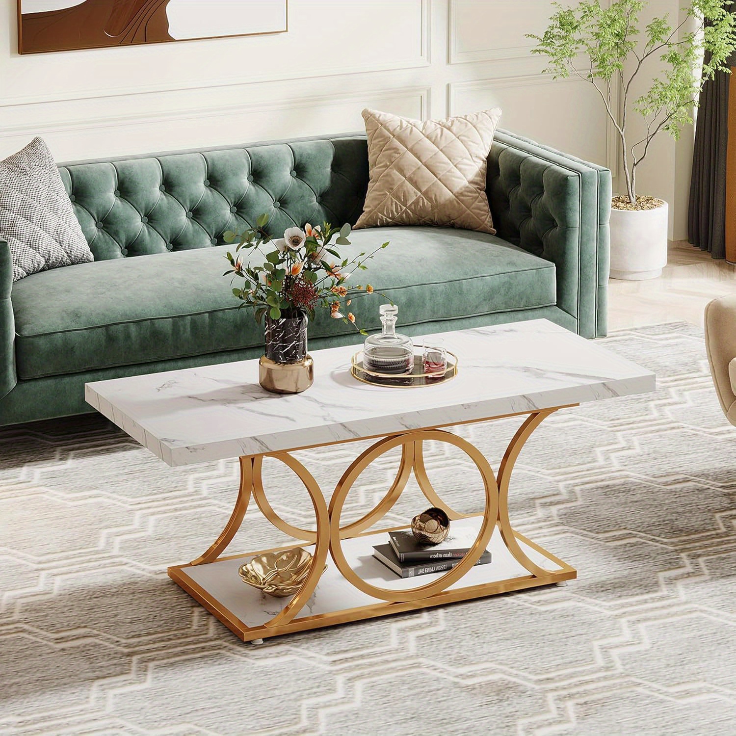 Lantine – Table basse moderne, tables de salon rectangulaires 120&nbsp;cm avec tablette de rangement, table à thé centrale en faux marbre à 2