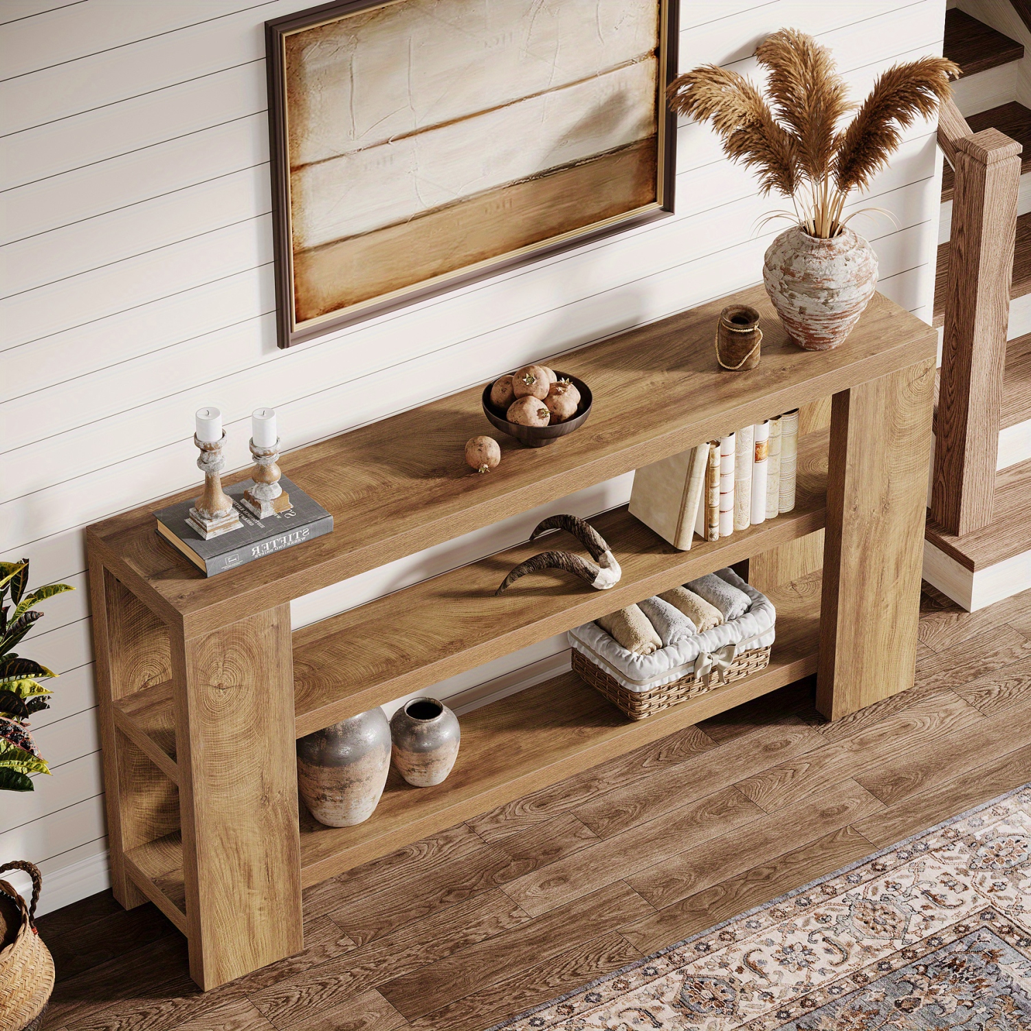 Lantine 70.9-Inch Extra Long Console Table With Storage, Narrow Wooden Sofa Table Behind The Couch, Farmhouse 3-Tier Entry Foyer Table For Entryway,