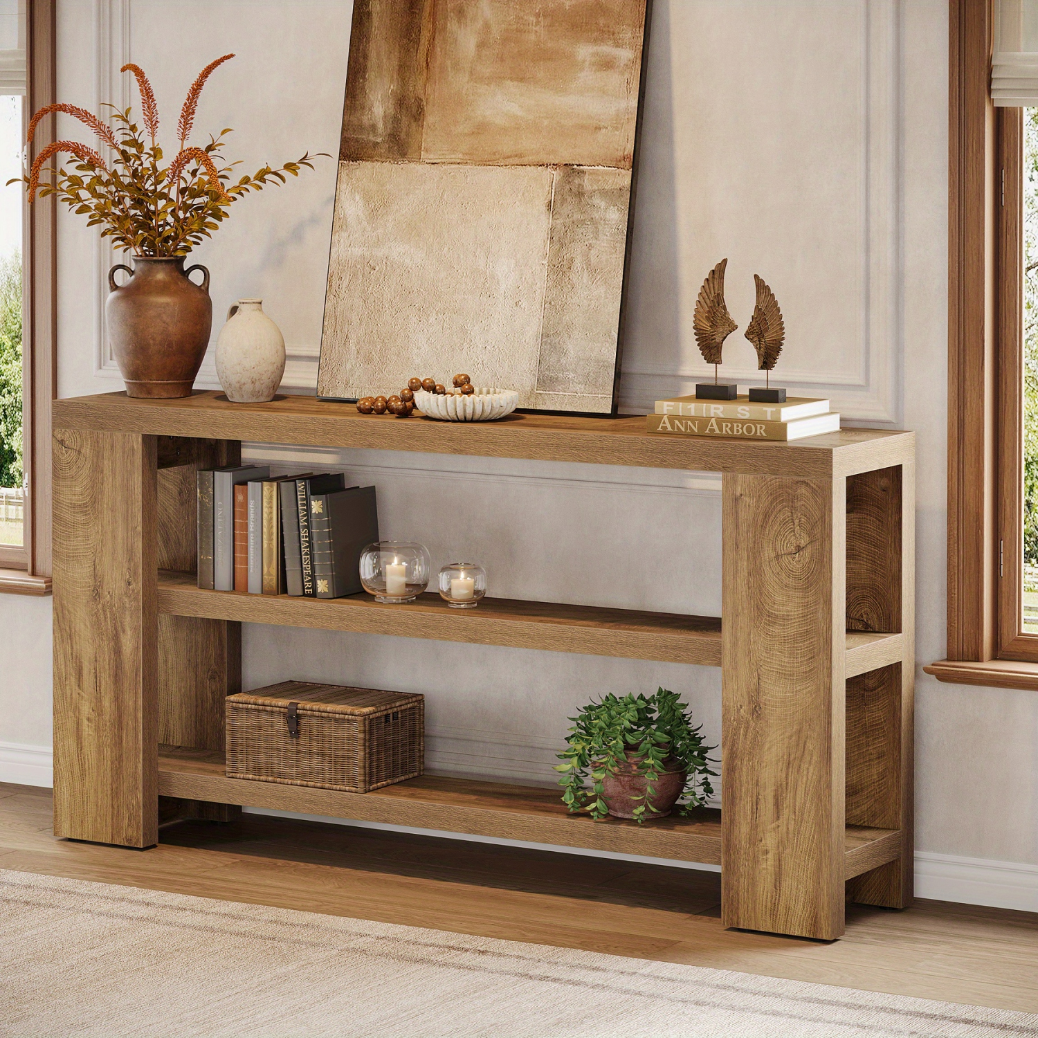 Lantine 70.9-Inch Extra Long Console Table With Storage, Narrow Wooden Sofa Table Behind The Couch, Farmhouse 3-Tier Entry Foyer Table For Entryway,