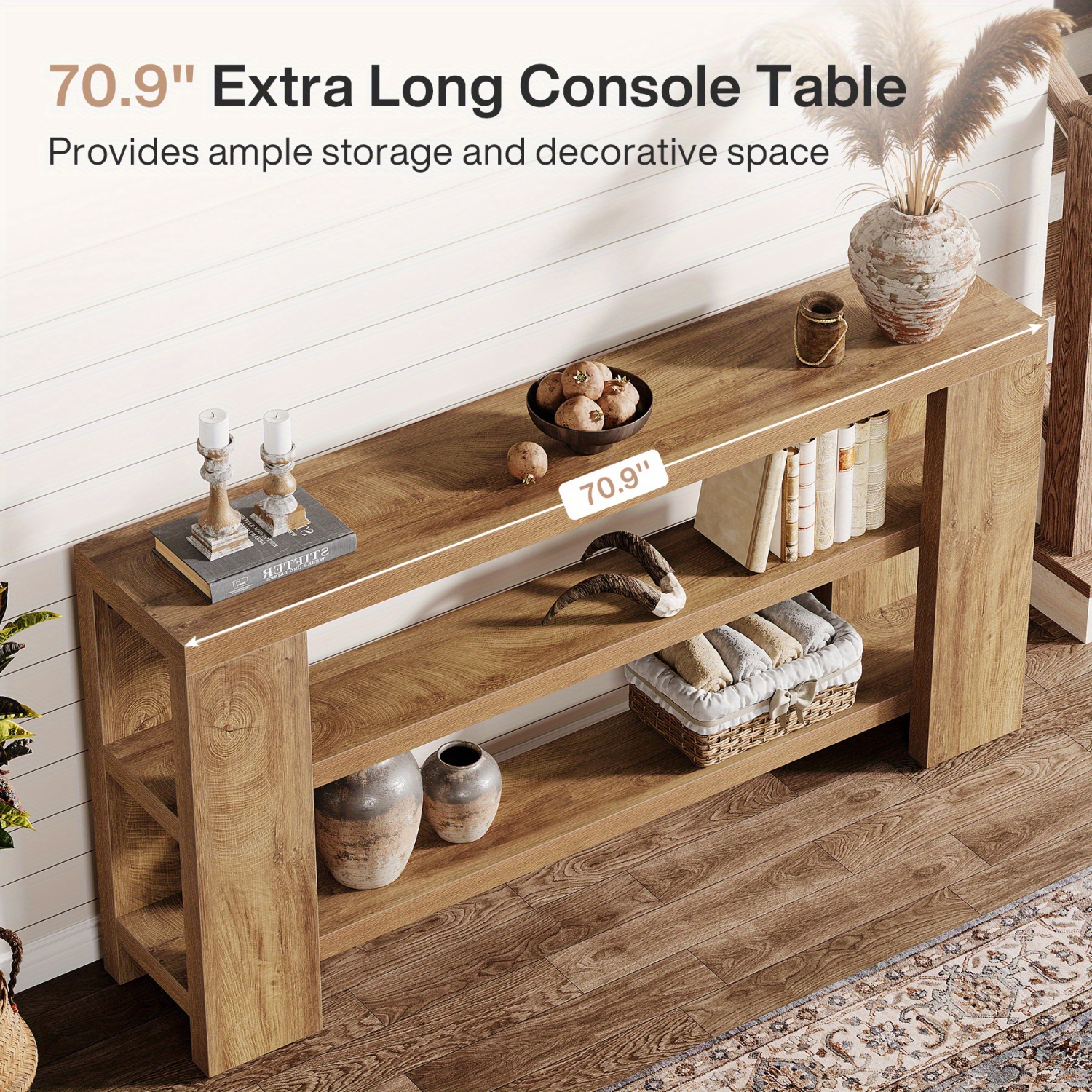 Lantine 70.9-Inch Extra Long Console Table With Storage, Narrow Wooden Sofa Table Behind The Couch, Farmhouse 3-Tier Entry Foyer Table For Entryway,