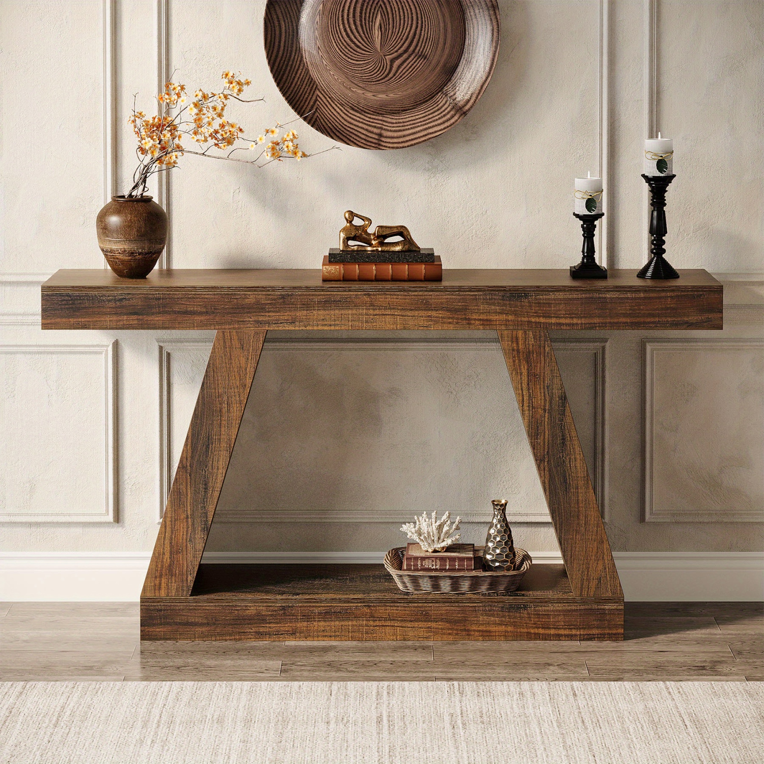 Lantine – Console Farmhouse, table de canapé rustique 55&nbsp;po avec rangement, table d'entrée industrielle pour corridor, salon, brun foncé