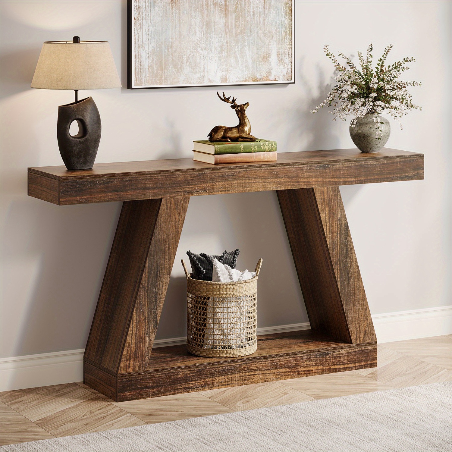 Lantine – Console Farmhouse, table de canapé rustique 55&nbsp;po avec rangement, table d'entrée industrielle pour corridor, salon, brun foncé