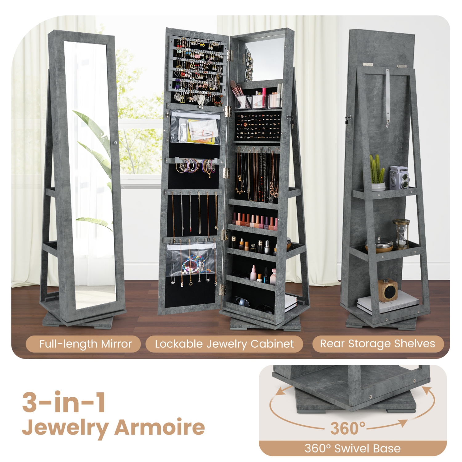 Armoire à bijoux 2-en-1 verrouillable avec rotation à 360° et miroir pleine longueur