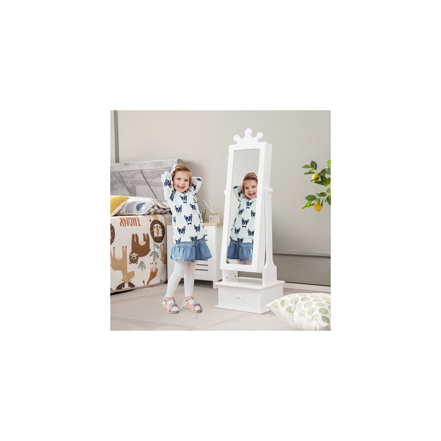 Organisateur à bijoux 2-en-1 pour enfants avec miroir pleine longueur et tiroirs