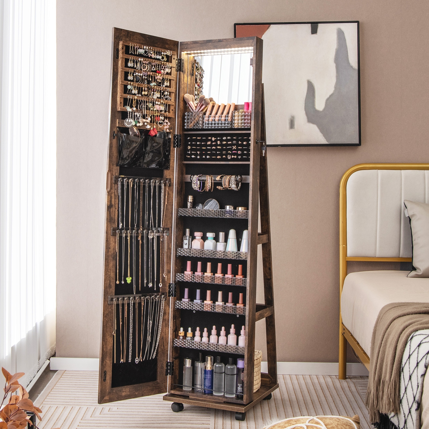 Armoire à bijoux avec rangement verrouillable et miroir de maquillage
