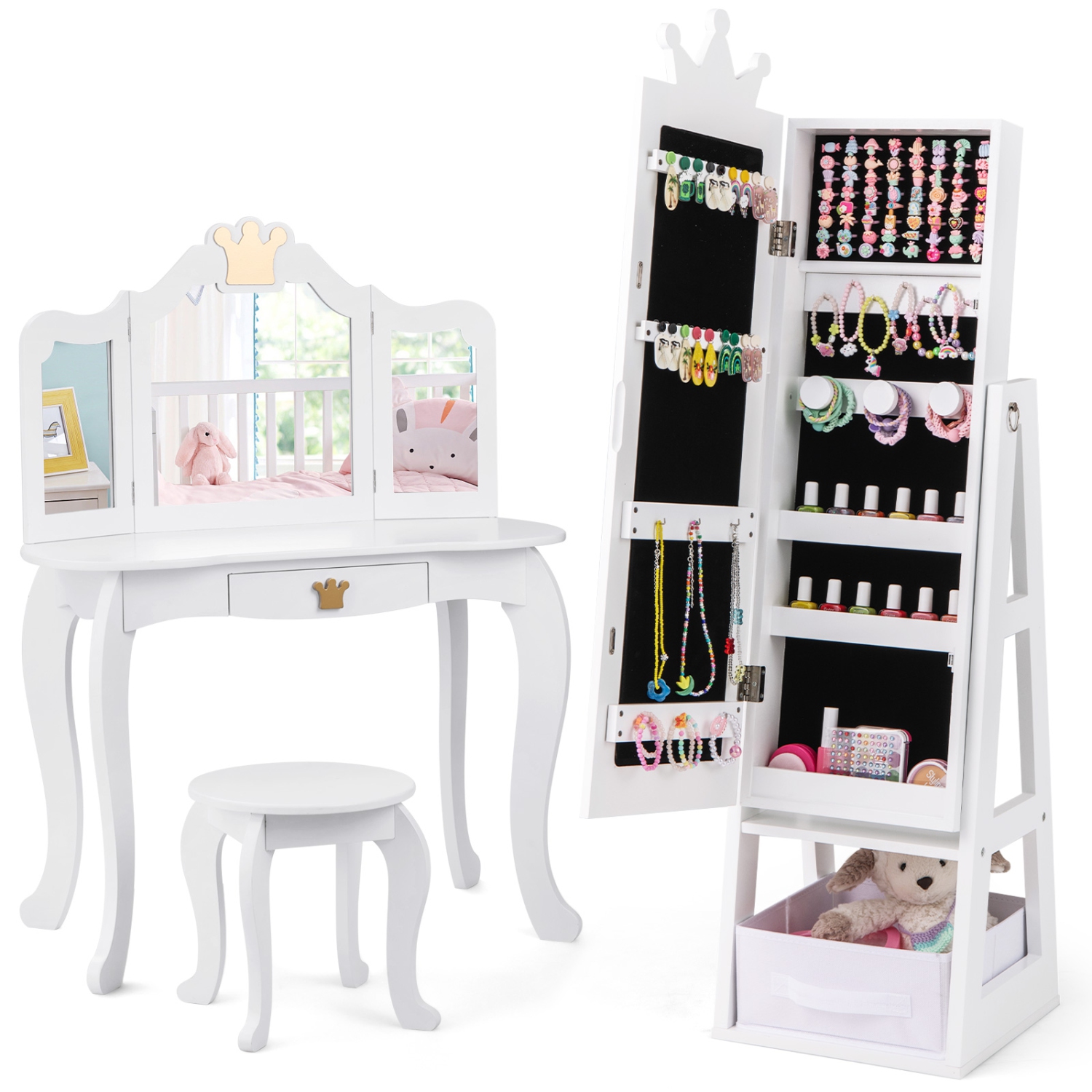 Armoire de rangement à bijoux pour enfants avec miroir pleine longueur et conception autonome
