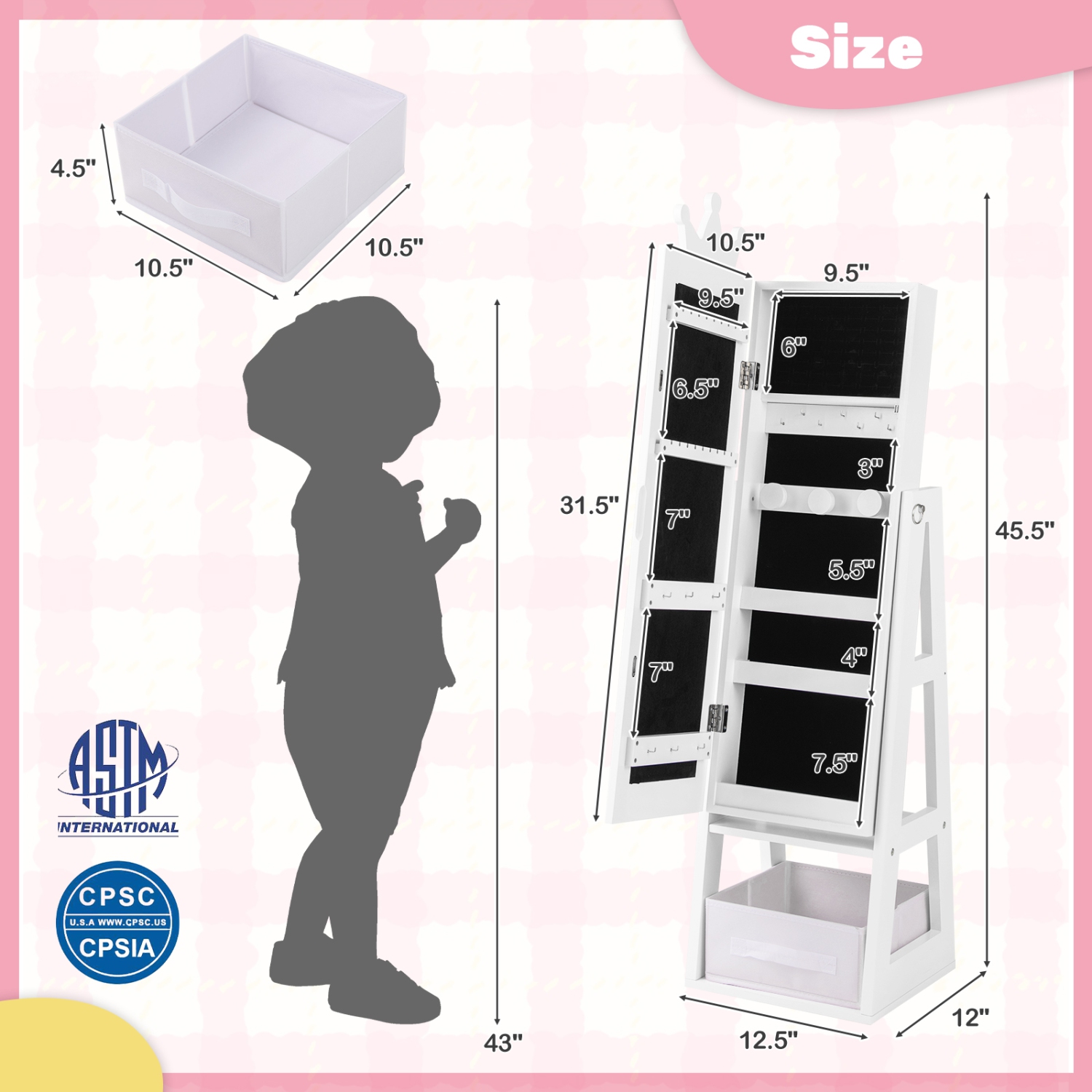 Armoire de rangement à bijoux pour enfants avec miroir pleine longueur et conception autonome