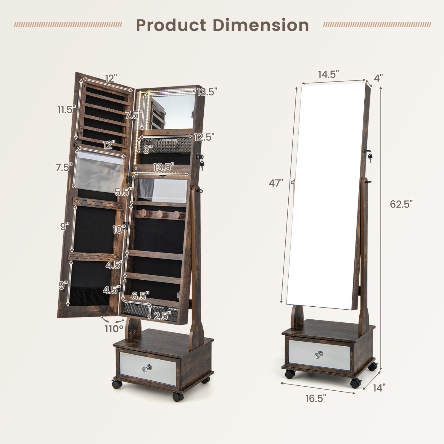 Armoire à bijoux LED Light à 3 couleurs verrouillable