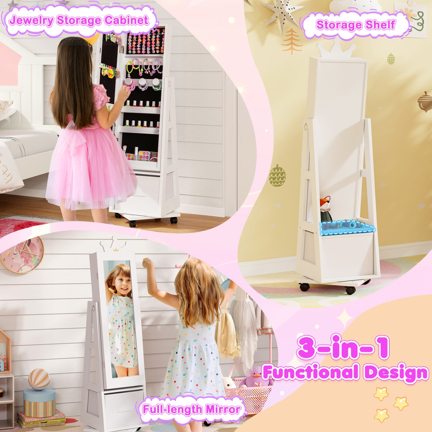 Armoire à bijoux pour enfants avec base pivotante et roulettes verrouillables