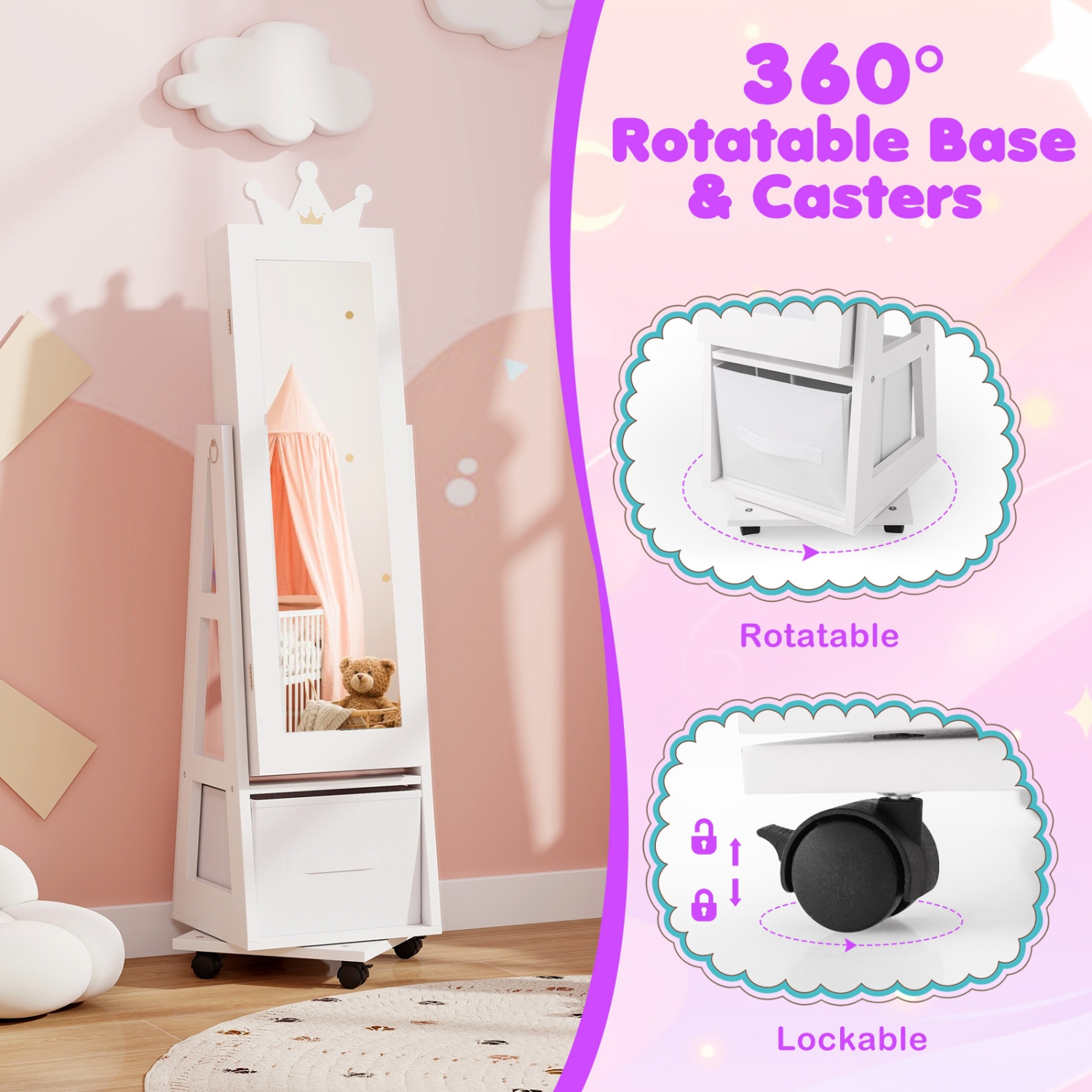 Armoire à bijoux pour enfants avec base pivotante et roulettes verrouillables