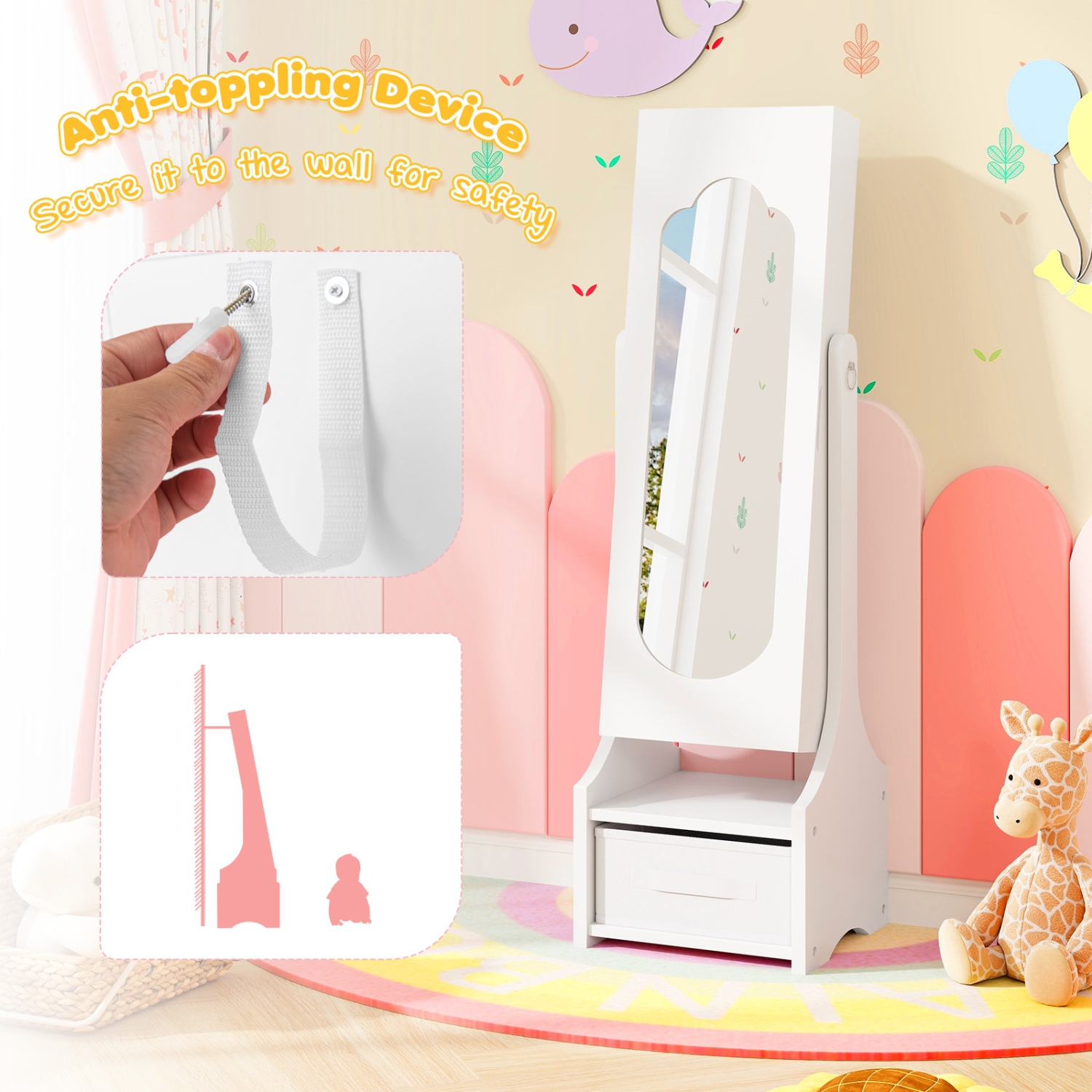 Armoire à bijoux pour enfants avec conception autonome et angles d'inclinaison réglables