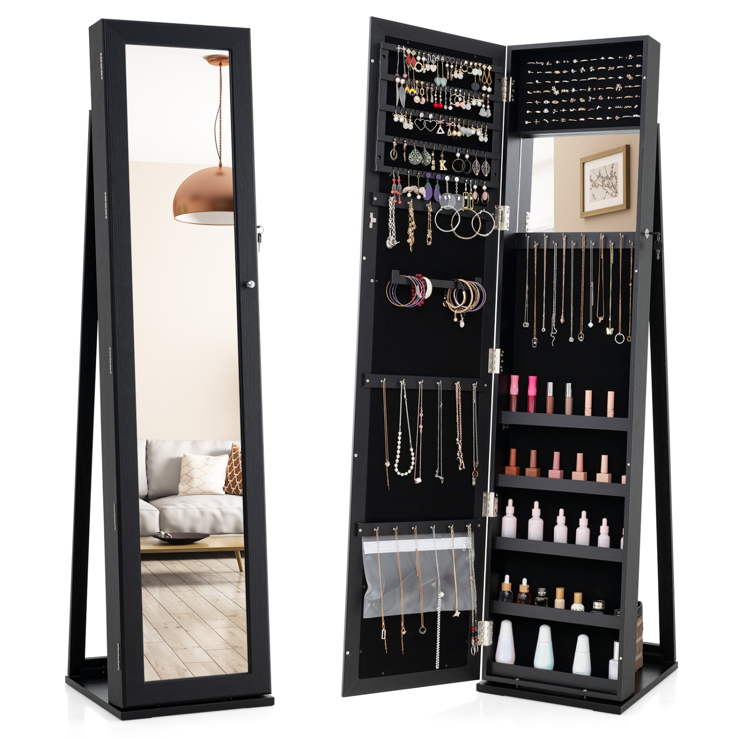 Lockable Standing Jewelry Cabinet with Mirror for Full-Length View