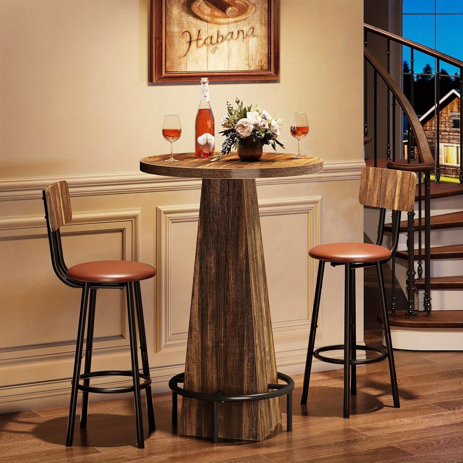 Lantine Bar Table, 37.4-inch High Round Pub Table for Small Bars, Dining Room, Kitchen, Rustic Brown