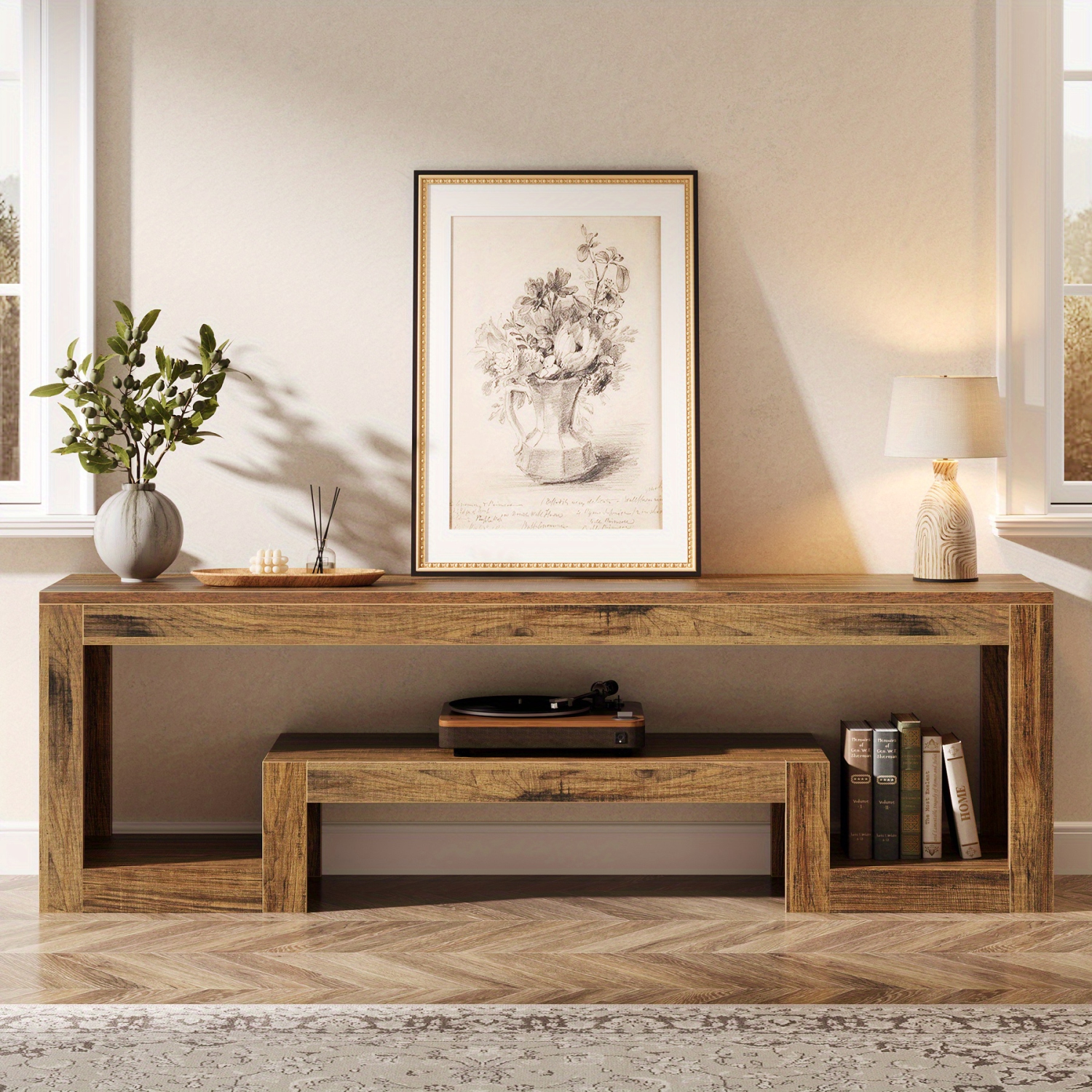 Lantine 63-Inch TV Stand For 55/60/65-Inch TVs, Farmhouse Entertainment Center With Open Storage Shelves, Rustic Brown Television Console For Living