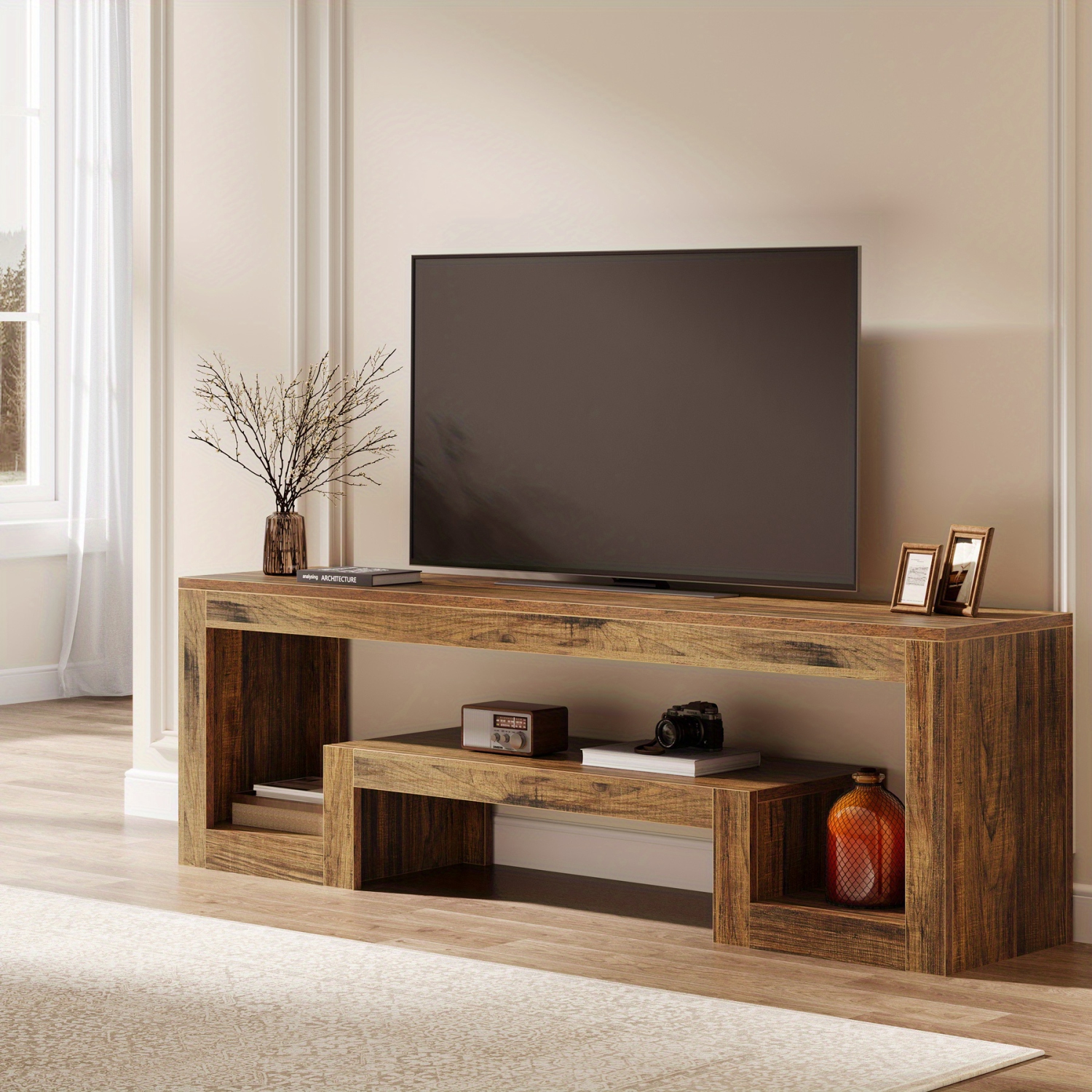 Lantine 63-Inch TV Stand For 55/60/65-Inch TVs, Farmhouse Entertainment Center With Open Storage Shelves, Rustic Brown Television Console For Living