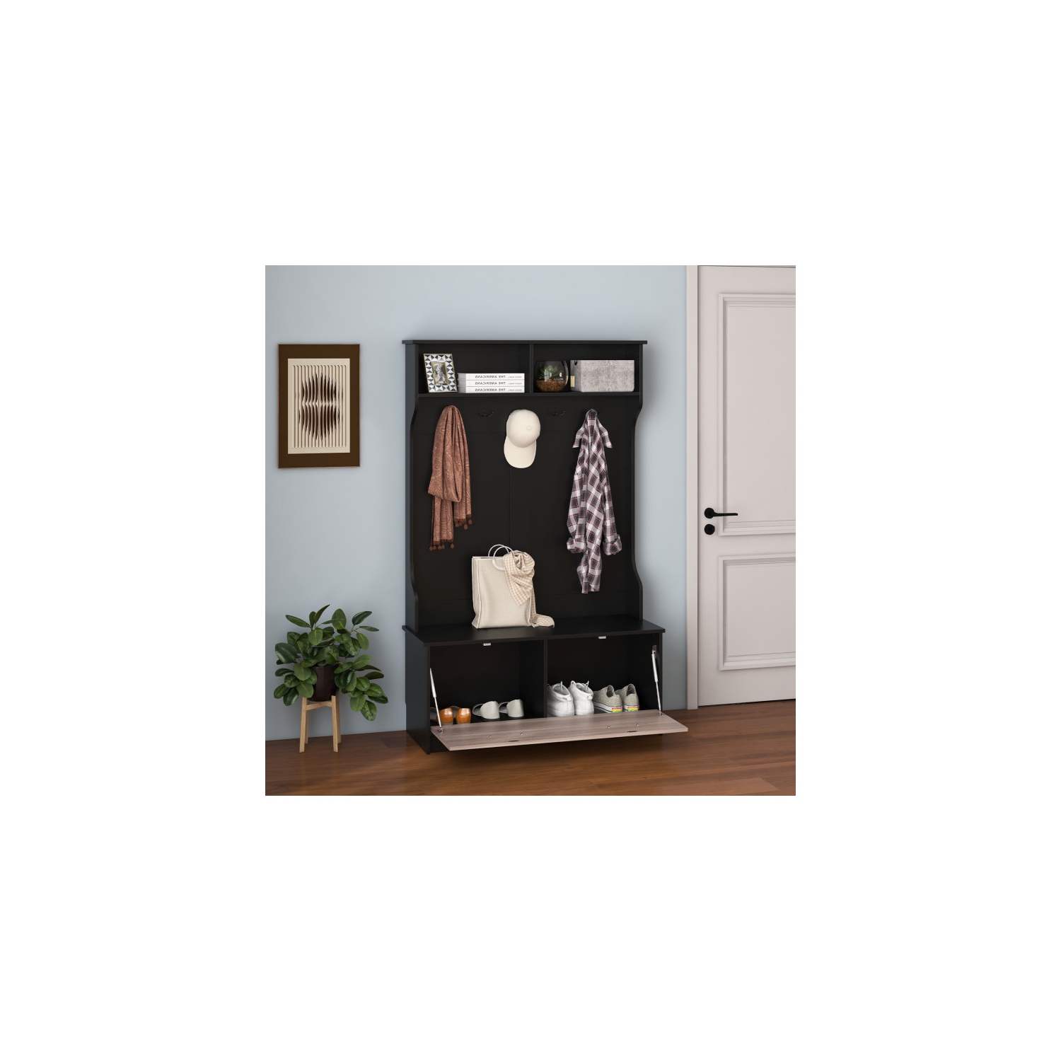 Portemanteau 3-en-1 avec banc d'entrée, crochets et armoire de rangement fermée