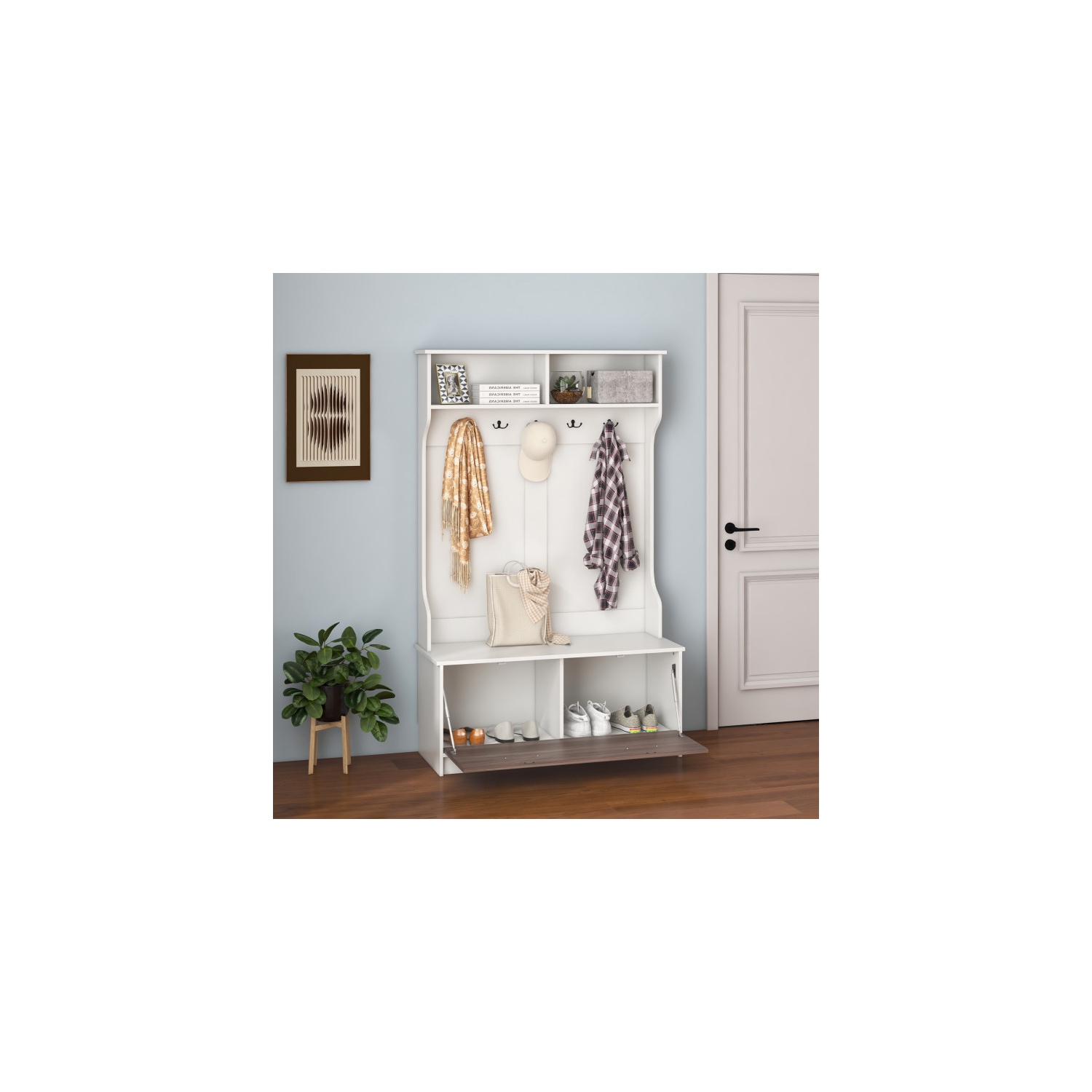 Portemanteau 3-en-1 avec banc d'entrée, crochets et armoire de rangement fermée