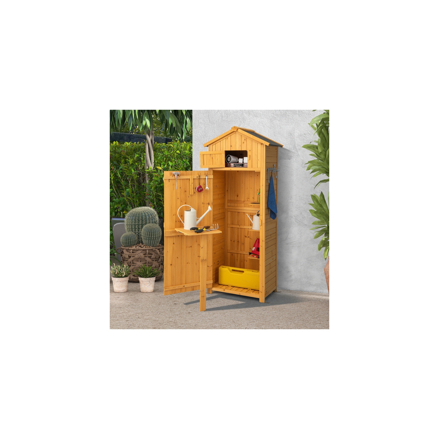 Outdoor Garden Storage Cabinet with Locking Doors and Folding Table