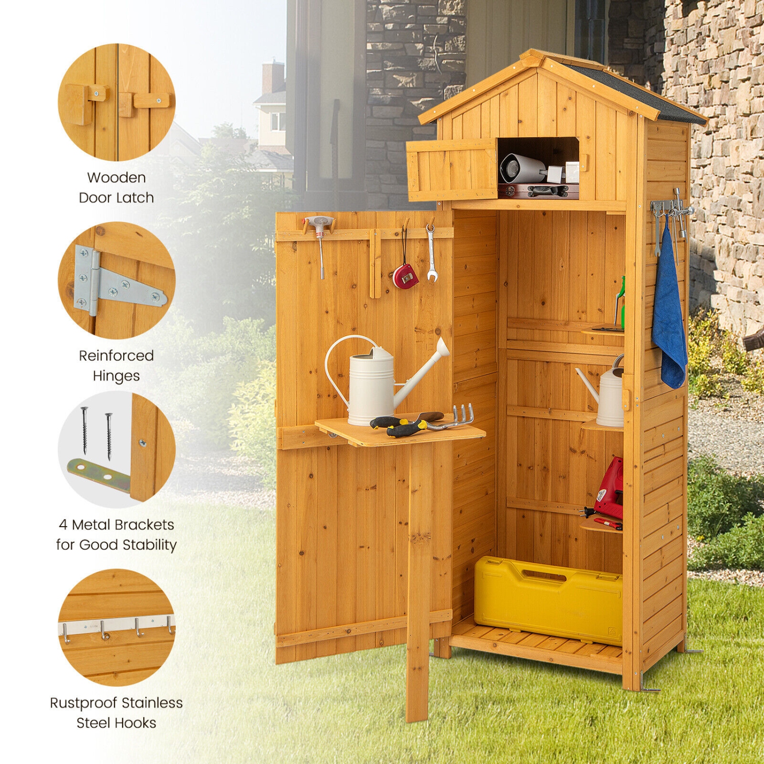 Outdoor Garden Storage Cabinet with Locking Doors and Folding Table