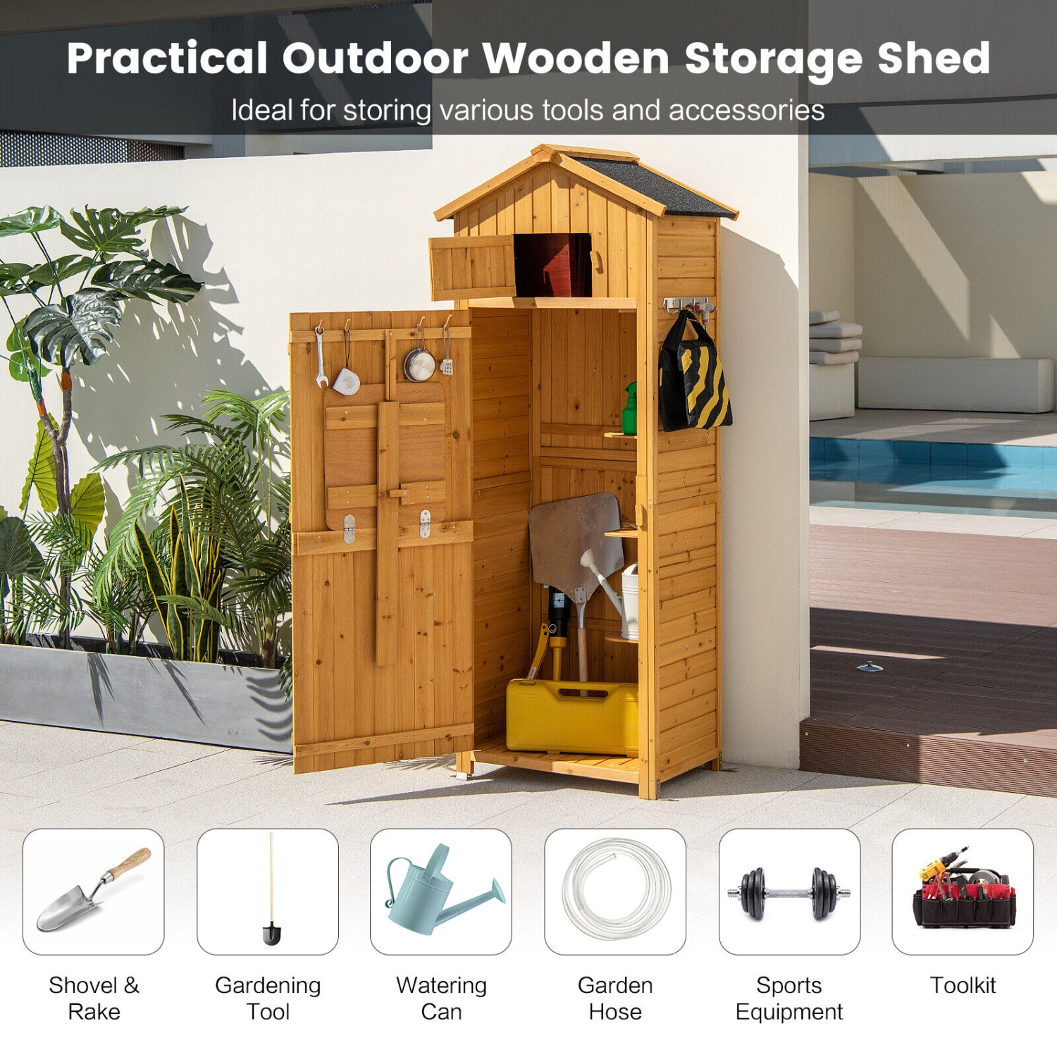 Outdoor Garden Storage Cabinet with Locking Doors and Folding Table
