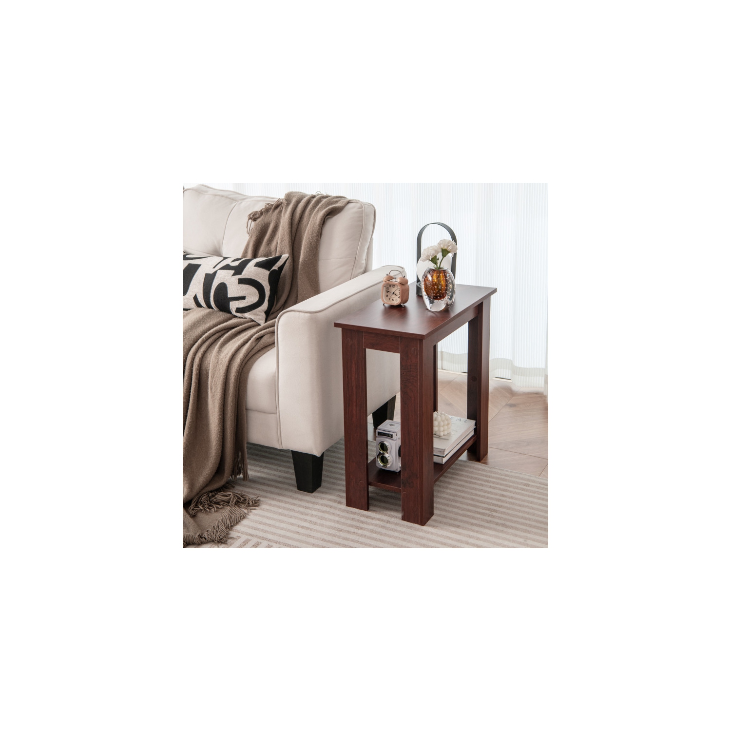 Table d'appoint à 2 niveaux peu encombrante avec tablette de rangement pour chambre à coucher ou canapé