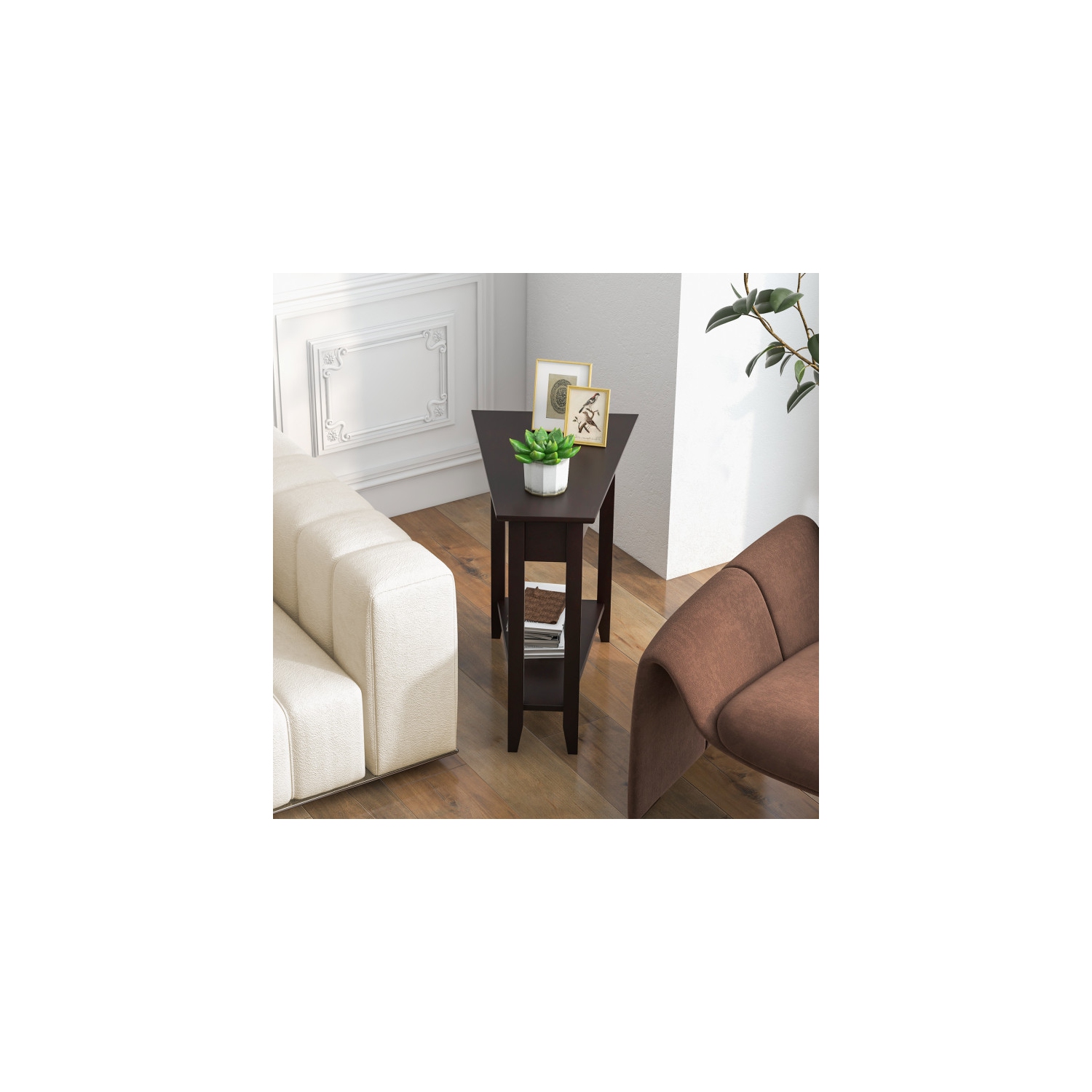 Table d'appoint étroite à 2 niveaux avec conception cunéiforme, tablette et pattes en bois