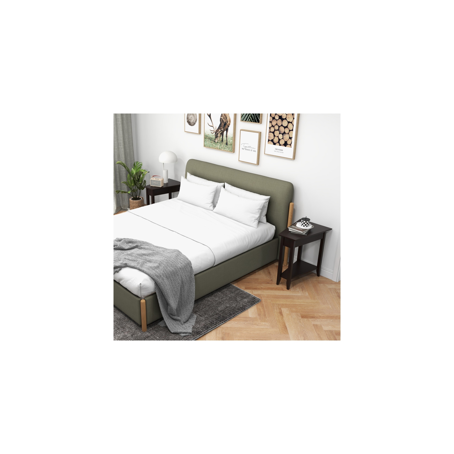 Table d'appoint étroite à 2 niveaux avec conception cunéiforme, tablette et pattes en bois