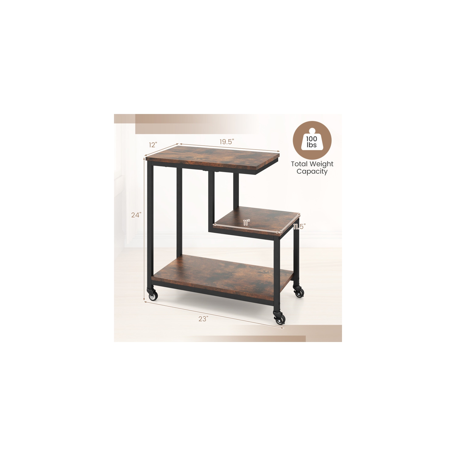 Table d'appoint moderne en forme de G à 3 niveaux avec tablettes ouvertes et mobilité