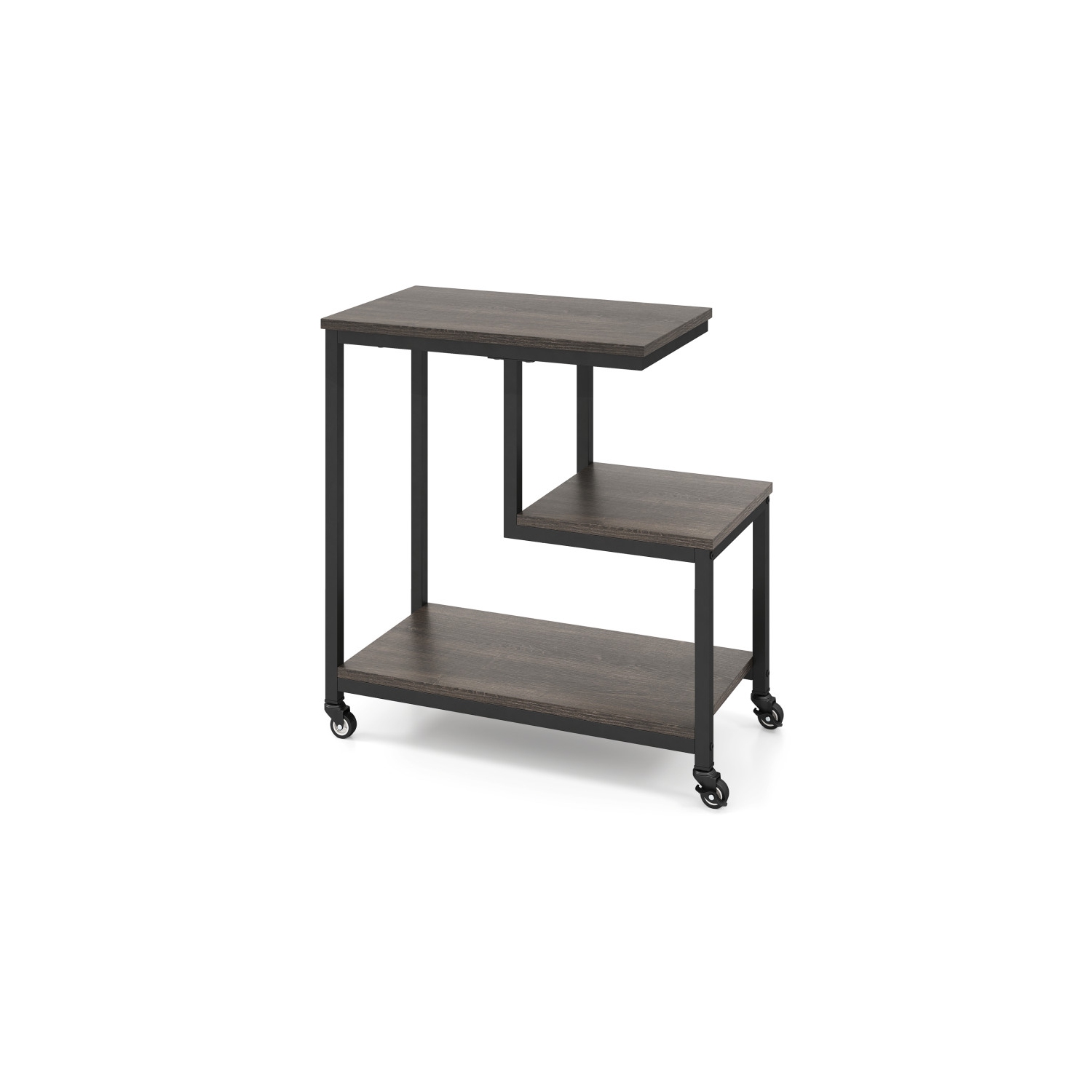 Table d'appoint moderne en forme de G à 3 niveaux avec tablettes ouvertes et mobilité