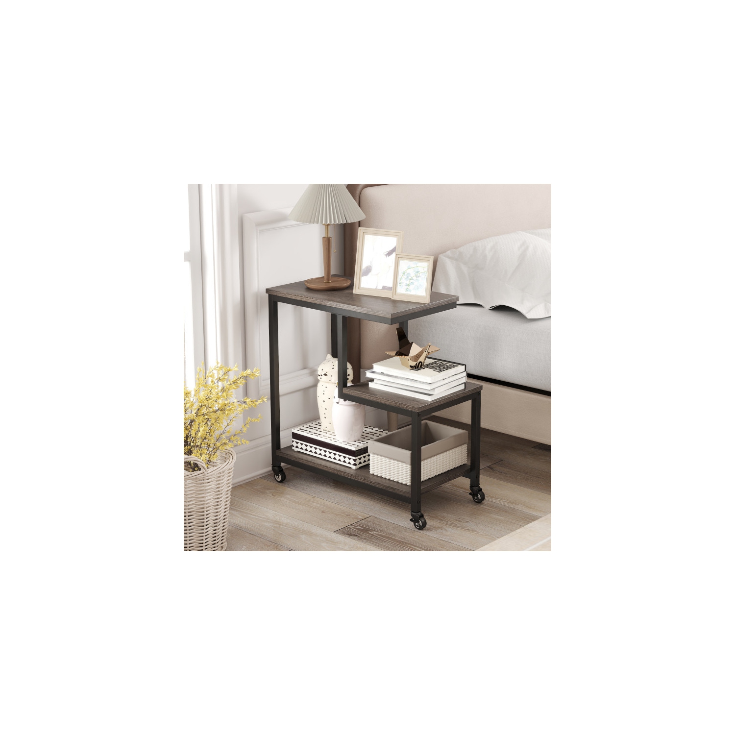 Table d'appoint moderne en forme de G à 3 niveaux avec tablettes ouvertes et mobilité