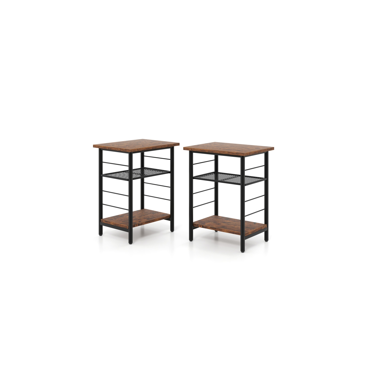 Ensemble de 2 tables d'appoint à 3 niveaux avec tablettes de rangement ouvertes et cadre en métal