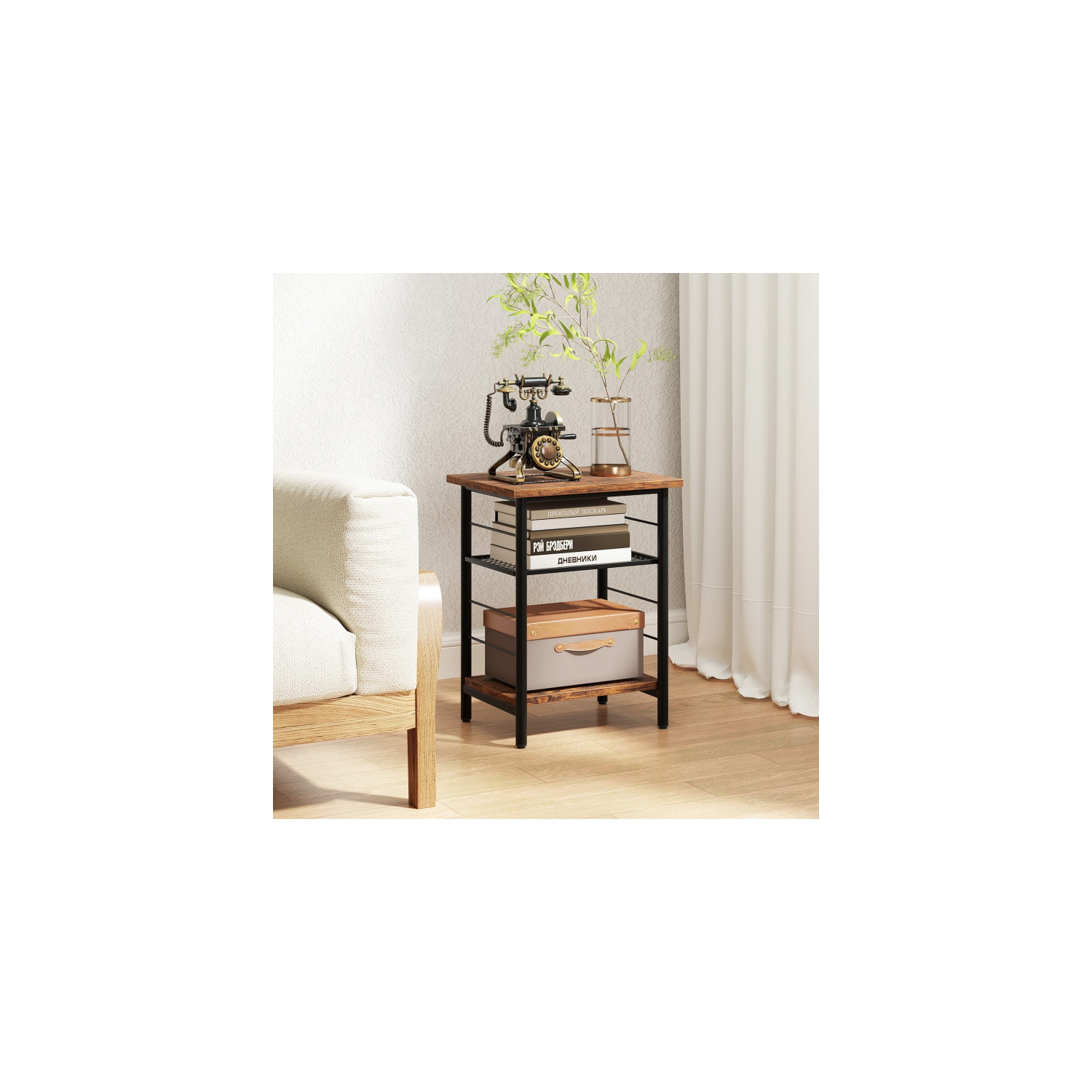 Ensemble de 2 tables d'appoint à 3 niveaux avec tablettes de rangement ouvertes et cadre en métal