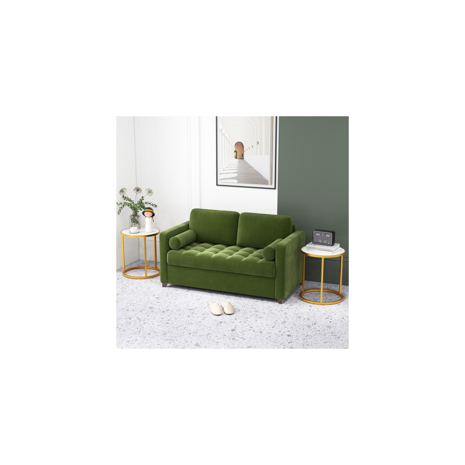 Ensemble de 2 tables de bout rondes en marbre avec cadre en métal pour la chambre ou le salon