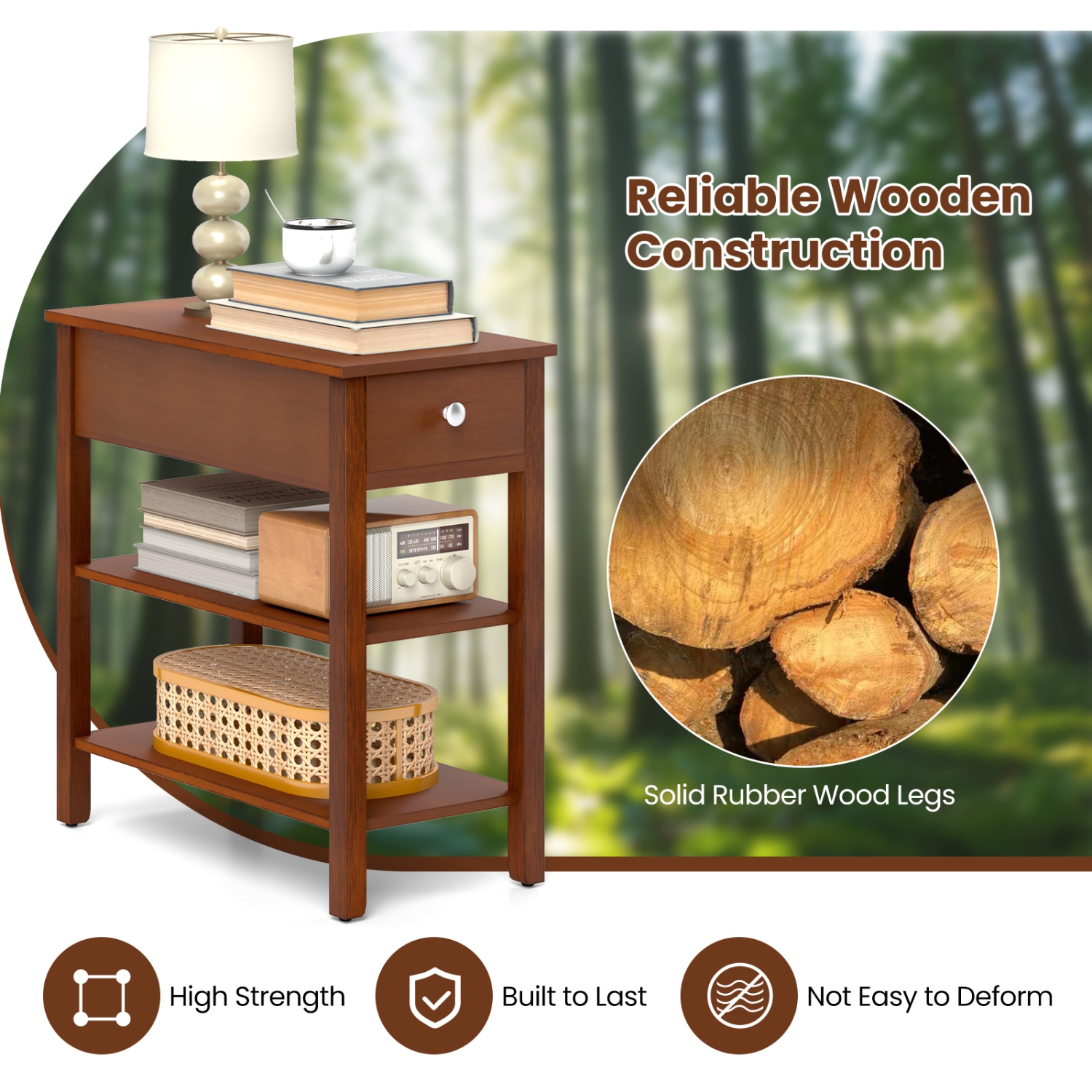 Ensemble de 2 tables de bout étroites avec tiroir et 3 tablettes de rangement pour le salon