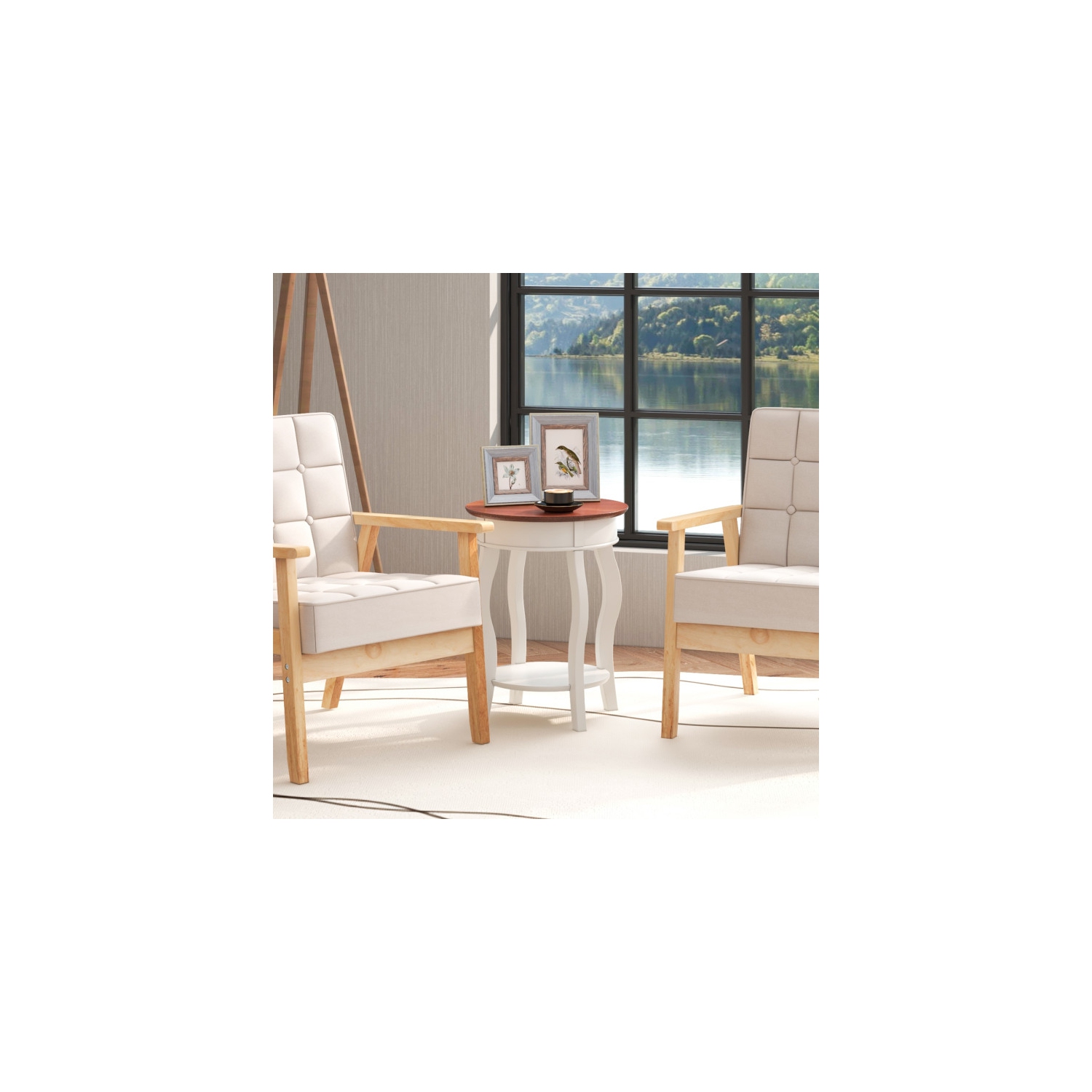 Table de bout ronde à 2 niveaux avec tablette de rangement et pattes en hévéa massif