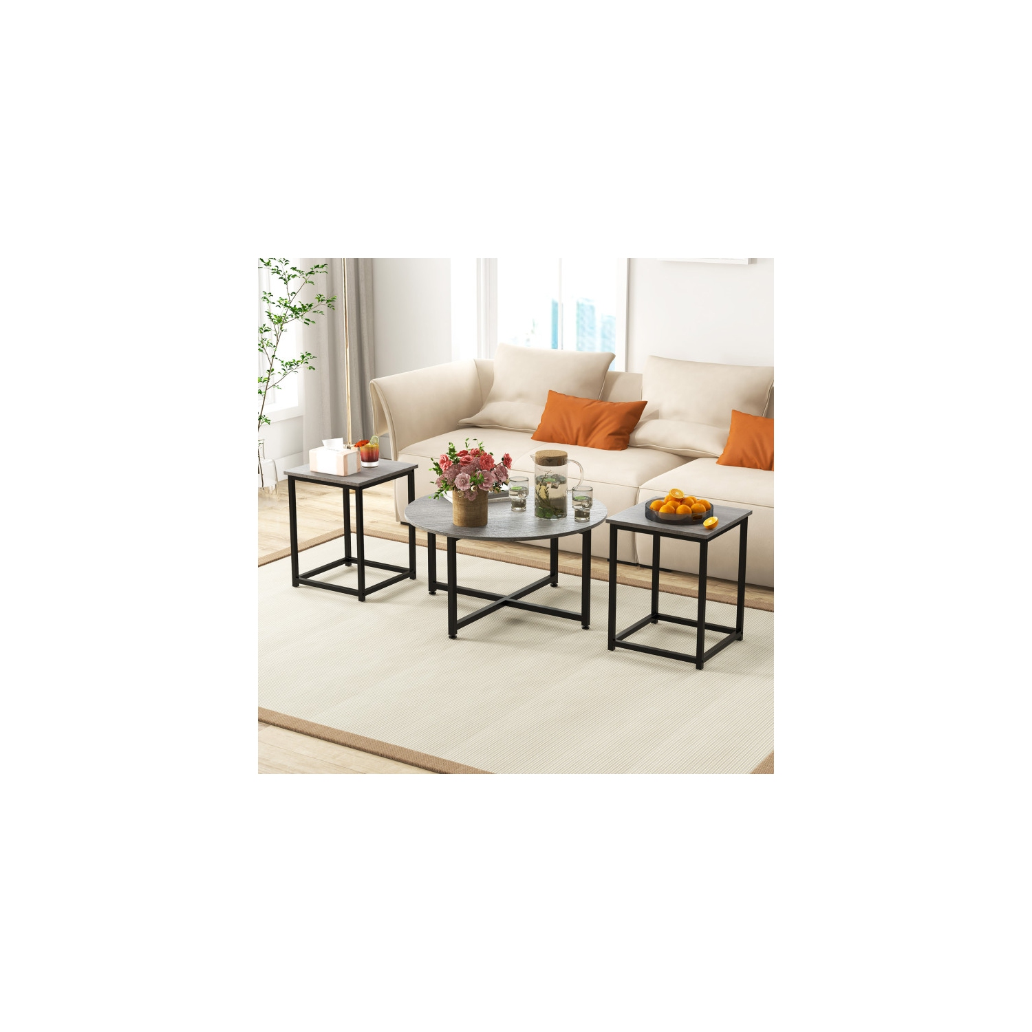 Ensemble de 3 tables de salon avec table basse ronde et tables d'appoint carrées