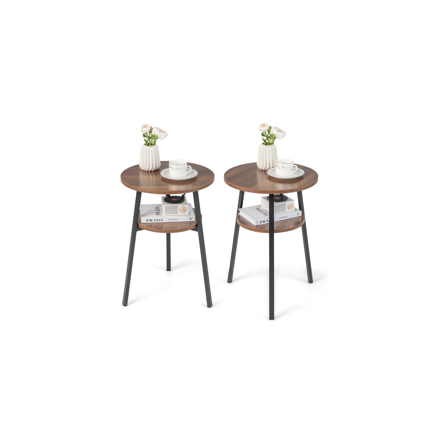 Ensemble moderne de 2 tables de bout rondes avec 2 niveaux et cadre en métal triangulaire