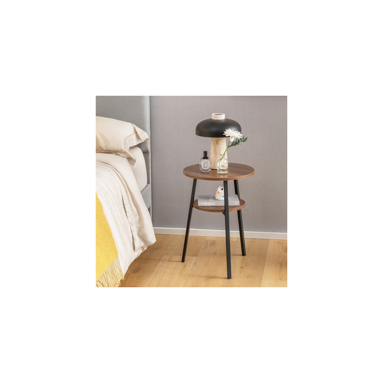 Ensemble moderne de 2 tables de bout rondes avec 2 niveaux et cadre en métal triangulaire